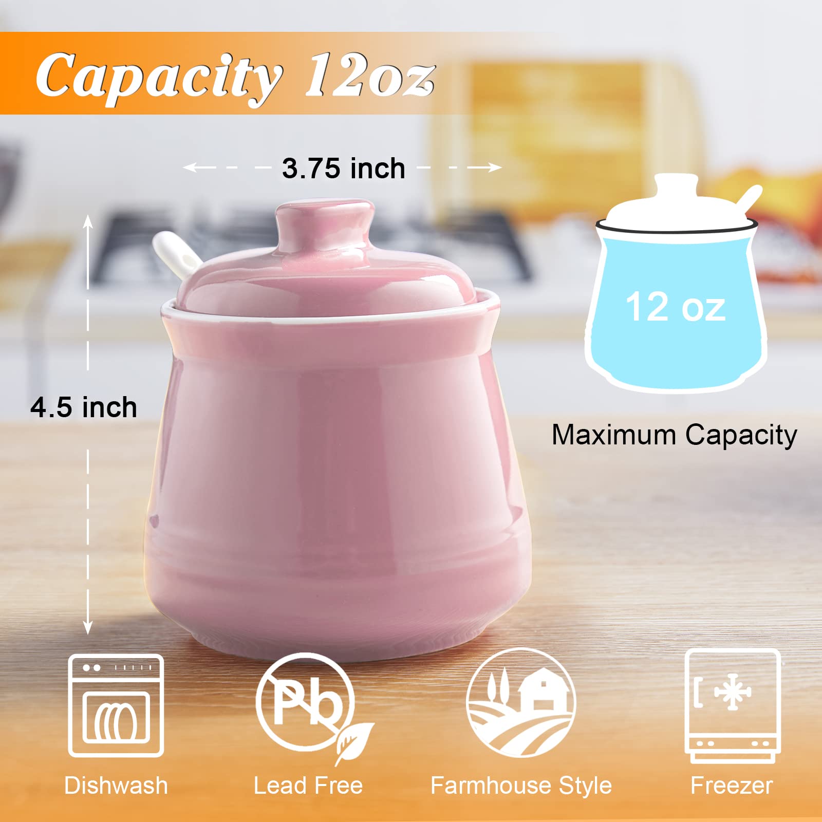 12 oz Ceramic Sugar Bowl with Lid and Spoon - Airtight Sugar Storage Container for Coffee, Tea & Baking - Pink Kitchen Decor for Countertop, Coffee Bar & Dining Table