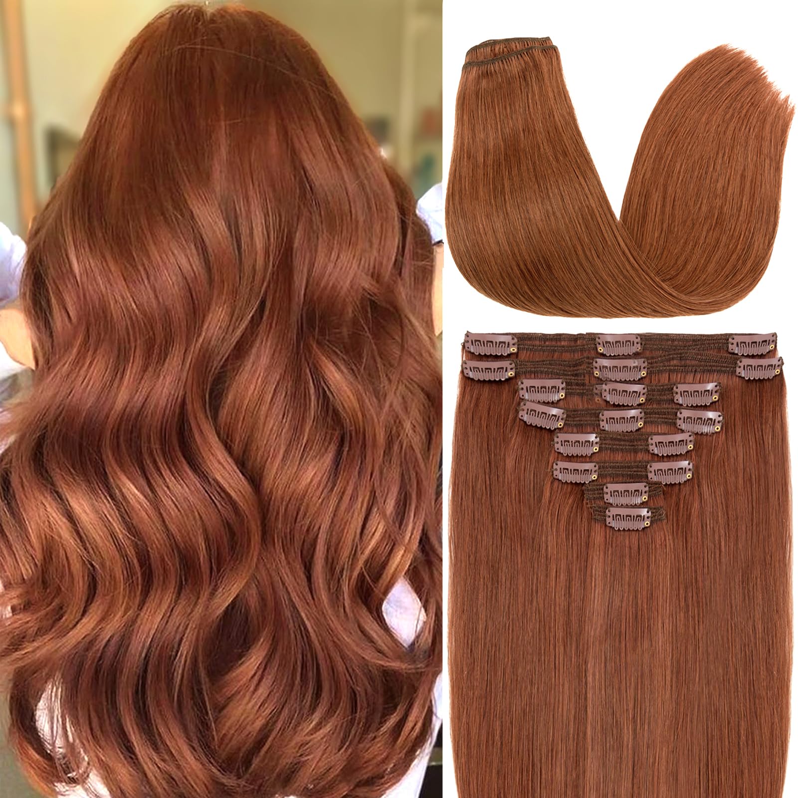 S-noilite 100% Remy Human Hair Clip-in Extensions - 8pc Double Weft Set, 18 Clips, 18 Inch 140g, Straight Silky Dark Auburn (#33) for Volume & Length - Perfect for Parties, Weddings & Daily Styling