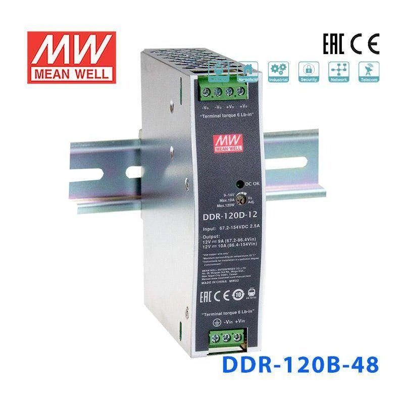 Mean Well DDR-120B 48V DC to DC Converter 120W 16.8-33.6V Input 48V Output - Power Supply for Industrial Equipment, Telecom Systems & Solar Applications