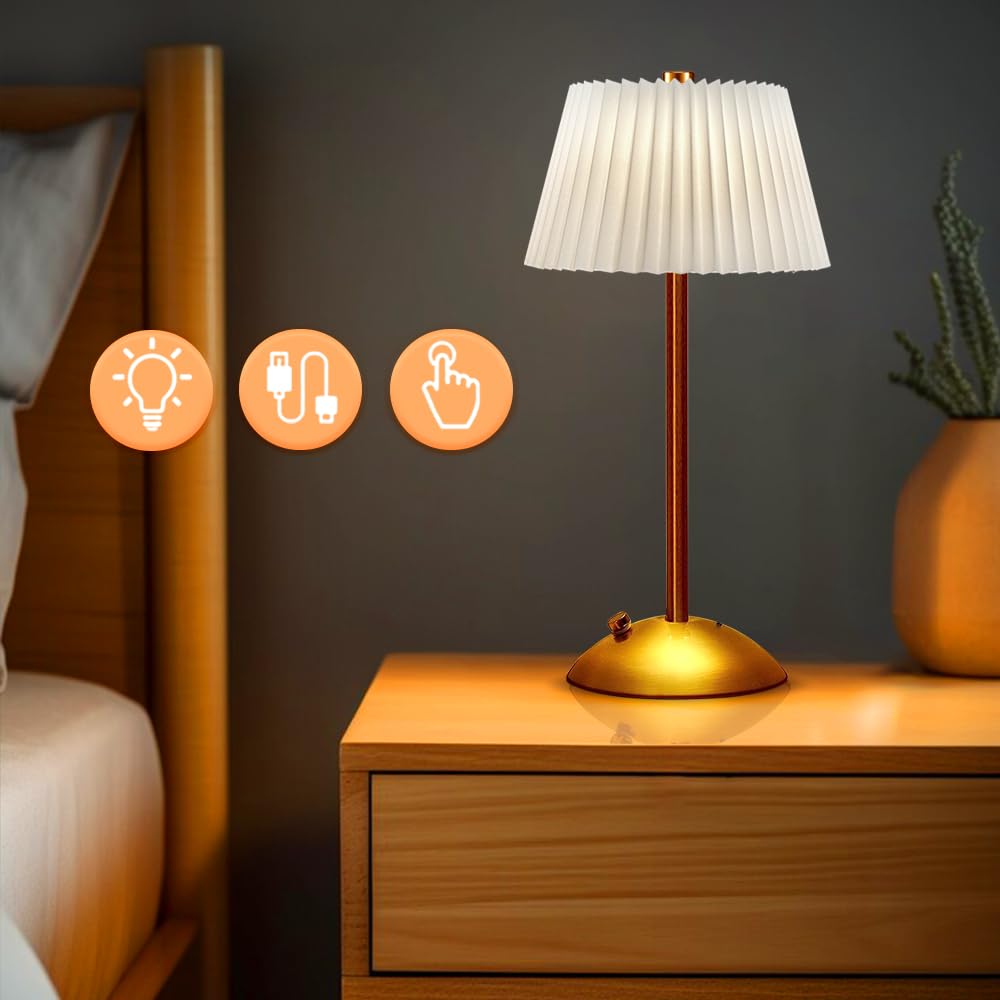 Touch Sensor LED Desk Lamp - 3-Way Dimmable Cordless Metal Table Lamp with Fabric Shade for Home Office, Bedroom, Living Room & Dorm | Perfect for Reading, Working & Nightstand Lighting (White)