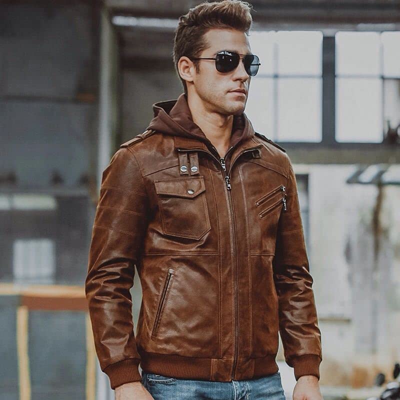 Men's Brown Genuine Leather Motorcycle Jacket with Detachable Hood - Windproof Biker Jacket for Riding, Outdoor Adventures & Casual Wear