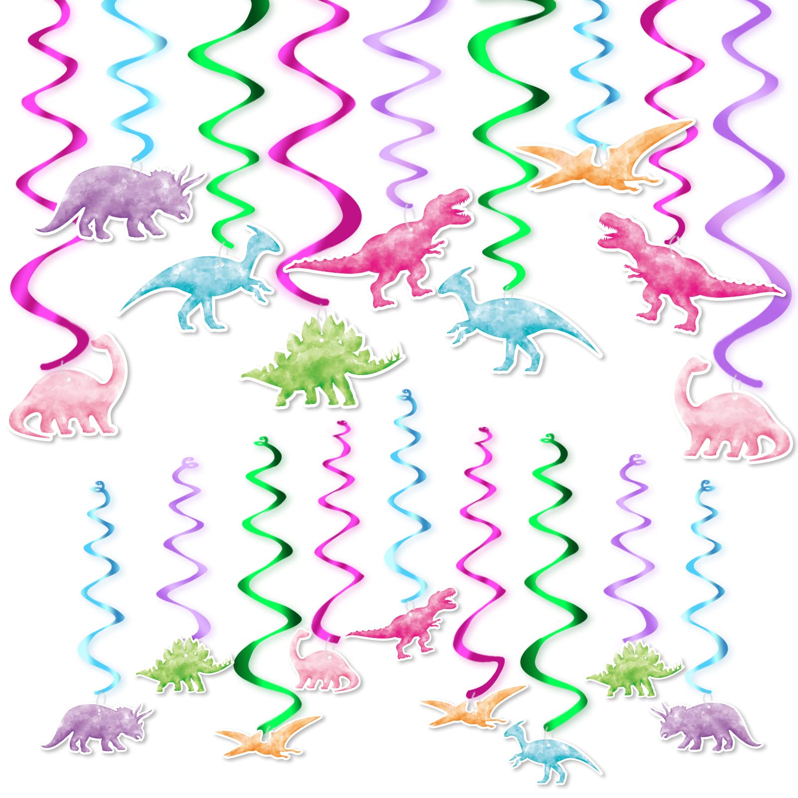 WERNNSAI 24Pcs Dinosaur Party Decorations - Colorful Watercolor Dino Hanging Swirls, Foil Whirls & Ceiling Streamers for Kids Birthday, Baby Shower & Dino Theme Parties | Perfect for Classroom Decor, Gender Reveals & Jurassic Themed Events