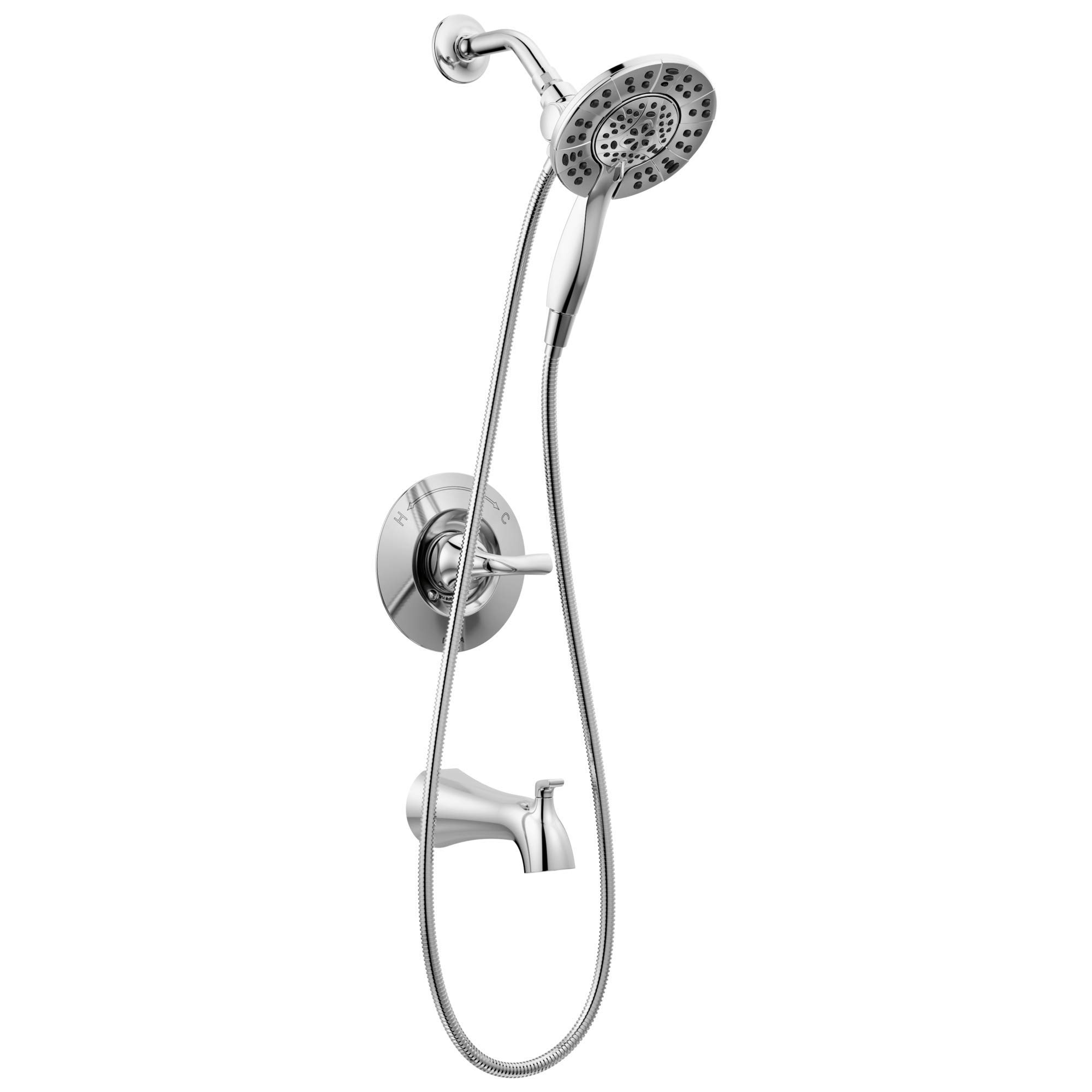 Delta Faucet Arvo 14 Series Single-Handle Tub and Shower Trim Kit - Chrome 144840-I with 4-Spray In2ition 2-in-1 Dual Handheld Shower Head & Hose (Valve Included) | Perfect for Bathroom Renovation, Modern Home Upgrade & Spa-Like Shower Experience
