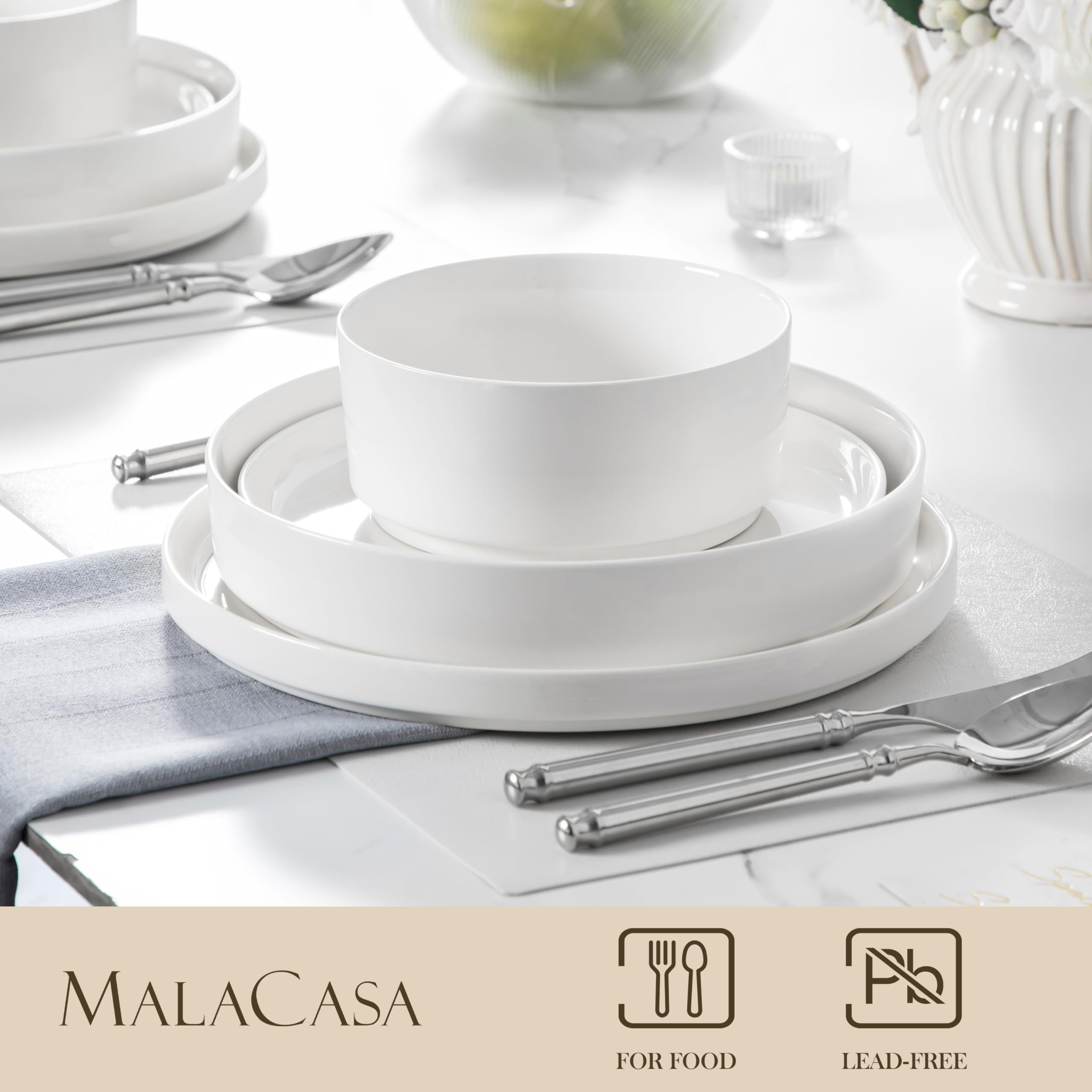 MALACASA 24-Piece Porcelain Dinnerware Set for 6 - Premium White Dish Set with Serving Plates & Bowls - Chip & Scratch Resistant - Modern Kitchen & Dining Ware (Series LEAH) - Perfect for Family Dinners, Entertaining Guests & Restaurant-Style Serving