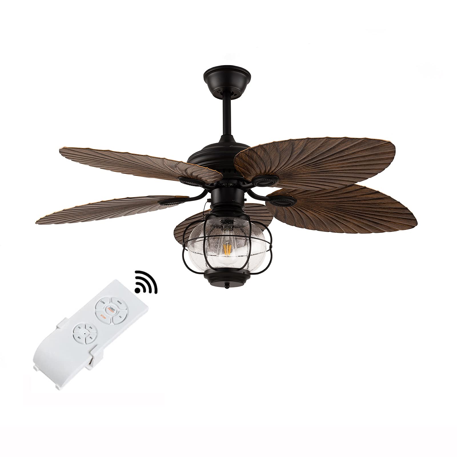 52-Inch Tropical Palm Chandelier Ceiling Fan with 5 Palm Leaf Blades - 3 Speed Remote Control, 5-Light Industrial Cage Design - Quiet Rustic Fan for Bedroom, Living Room, Patio & Indoor Spaces - Perfect for Coastal, Beach House and Boho Home Decor