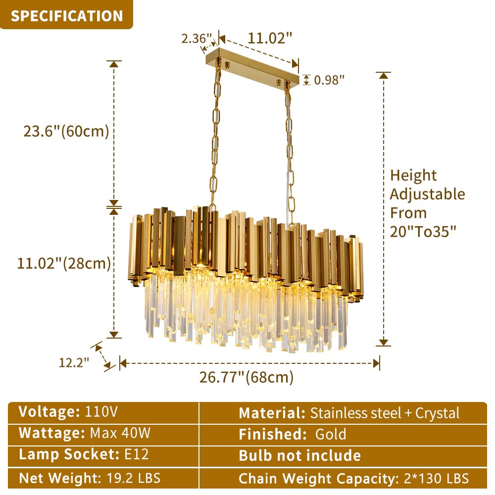 WABON Modern Crystal Chandelier - Gold Raindrop Rectangle Ceiling Light Fixture for Living Room, Dining Room & Kitchen Island | Antique Gold Finish | Elegant Lighting for Home Decor, Wedding Venues & Luxury Spaces