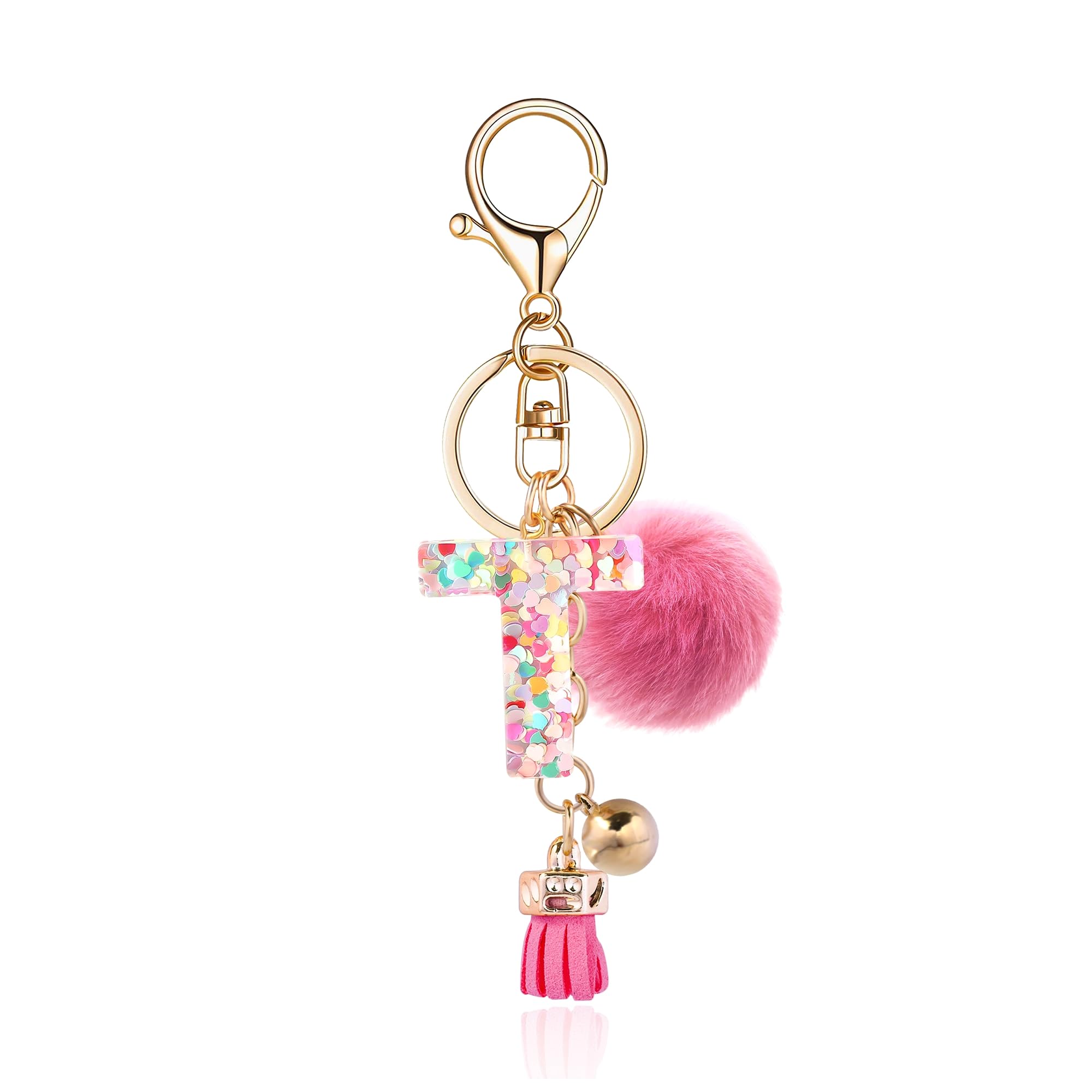 Personalized Resin Alphabet Initial Letter Keychain for Women - Custom Name Keyring with Soft Fur Ball Pom Pom - Perfect for Handbags, Purses, Gifts & Everyday Carry Accessories