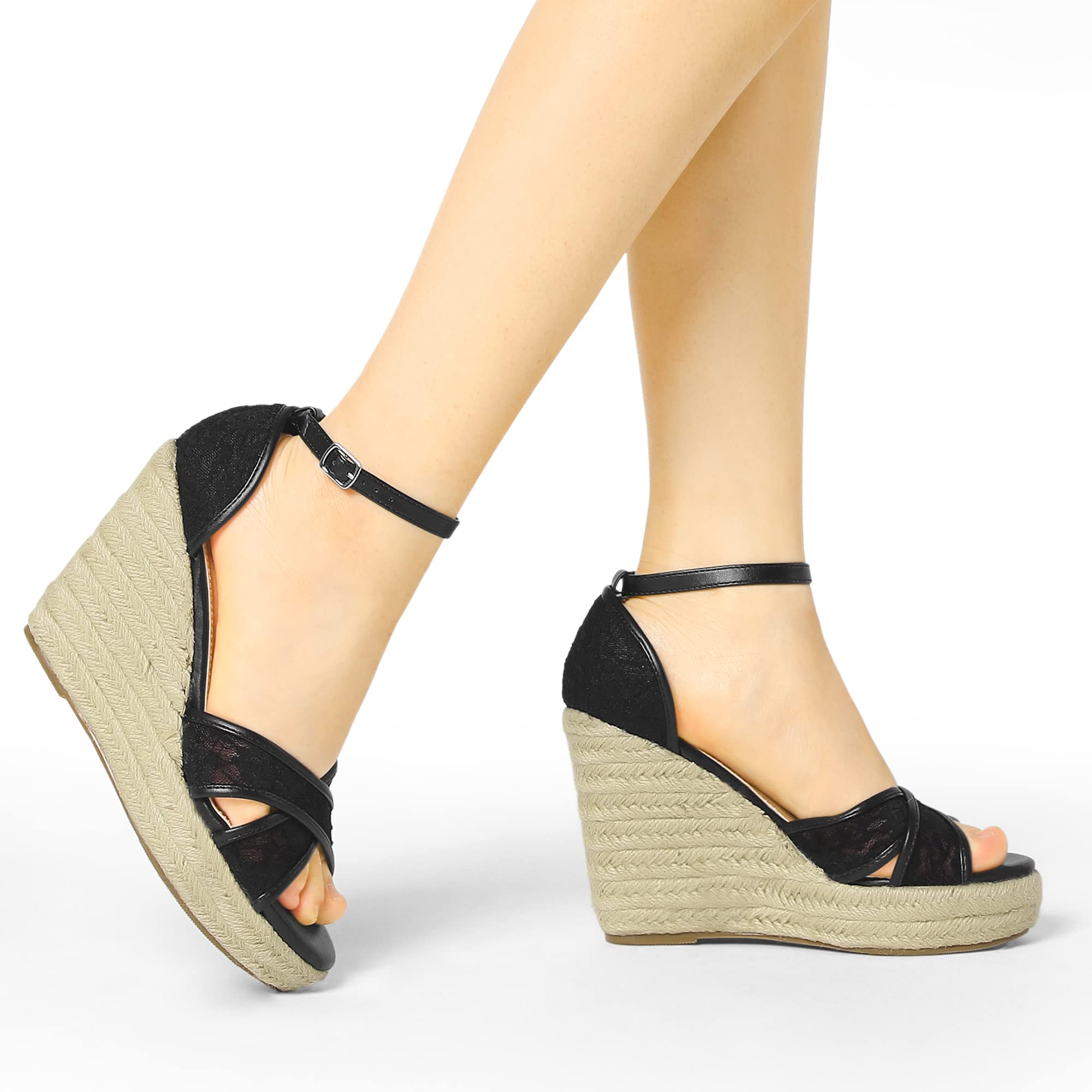 Allegra K Women's Espadrille Wedge Sandals with Lace Design - Comfortable Summer Casual Shoes for Beach, Wedding & Outdoor Activities