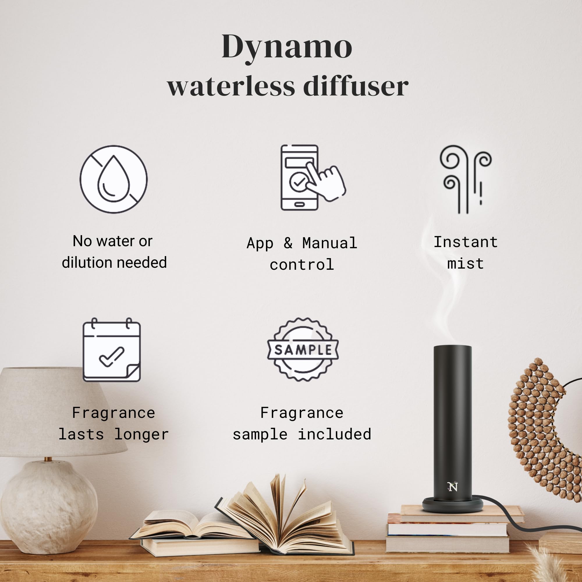 Premium Dynamo Essential Oil Diffuser for Large Spaces - 1000sq.ft Coverage, Smart App & Manual Control, Includes Fragrance Samples - Perfect for Home, Office, Spa & Hotel Aromatherapy (Black)