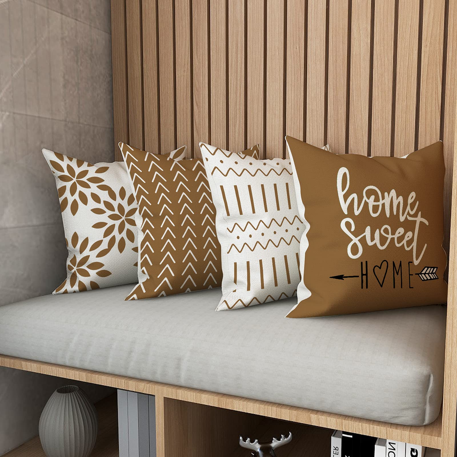 YCOLL 20x20 Inch Pillow Covers Set of 4 - Modern Linen Fabric Throw Pillow Cases for Sofa, Couch, Bed & Car - Light Brown Decorative Outdoor Pillow Covers - Perfect for Living Room, Patio & Home Decor