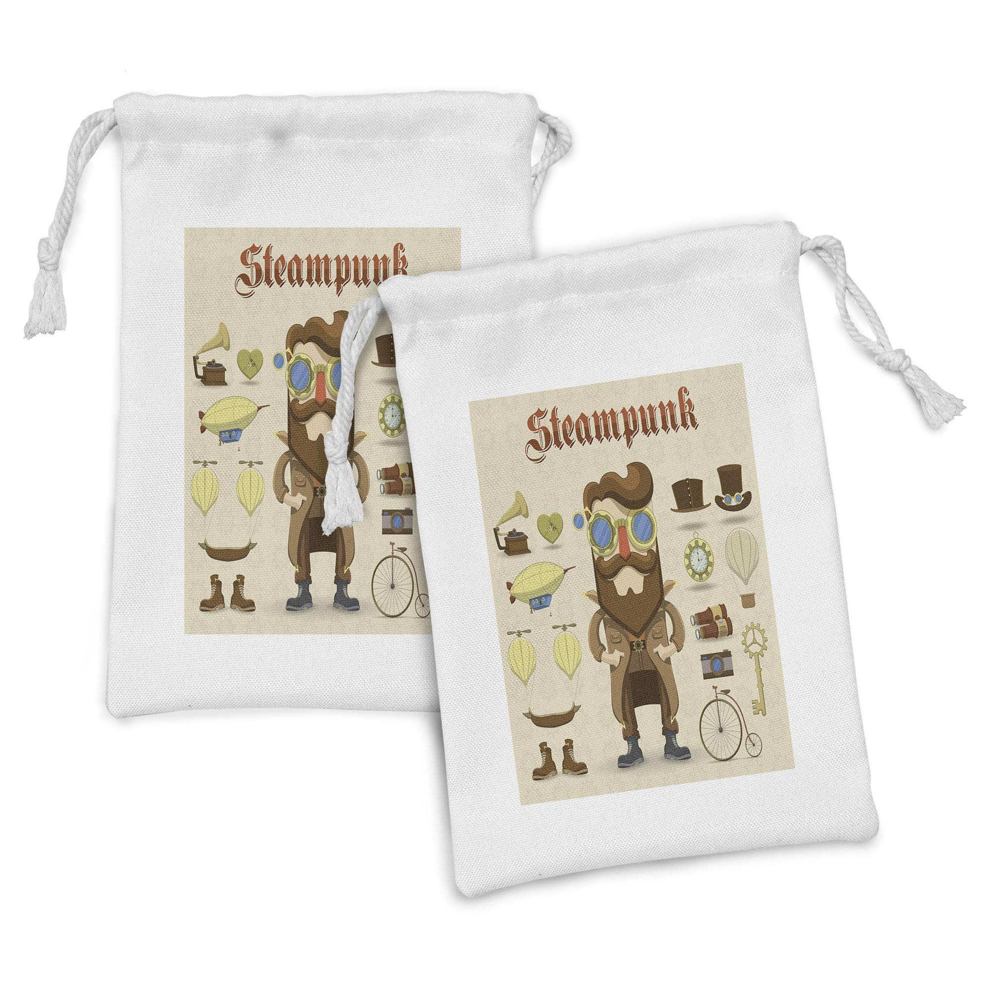 Ambesonne Steampunk Fabric Pouch Set of 2 - Vintage Mechanical & Cartoon Gentleman Design, Small Drawstring Bag for Toiletries, Masks, Jewelry & Party Favors (9