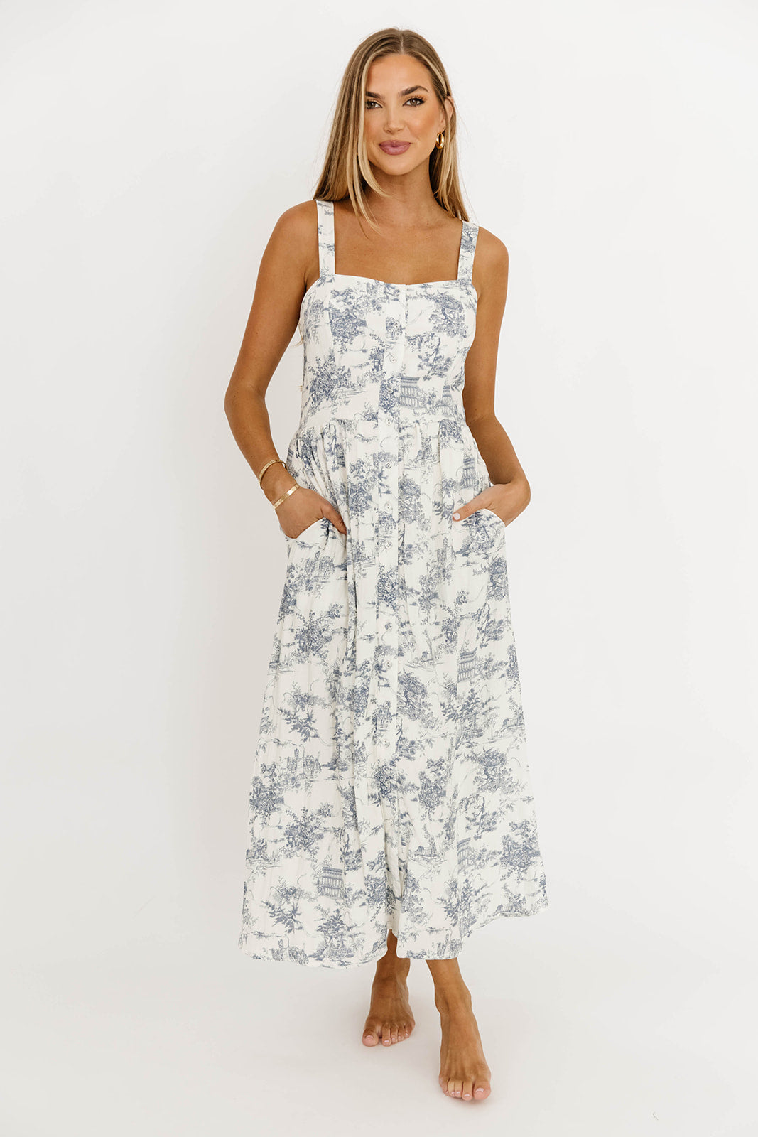 Denny Midi Dress for Women - Floral Print White & Blue Summer Dress | Perfect for Beach Vacation, Date Night & Office Wear