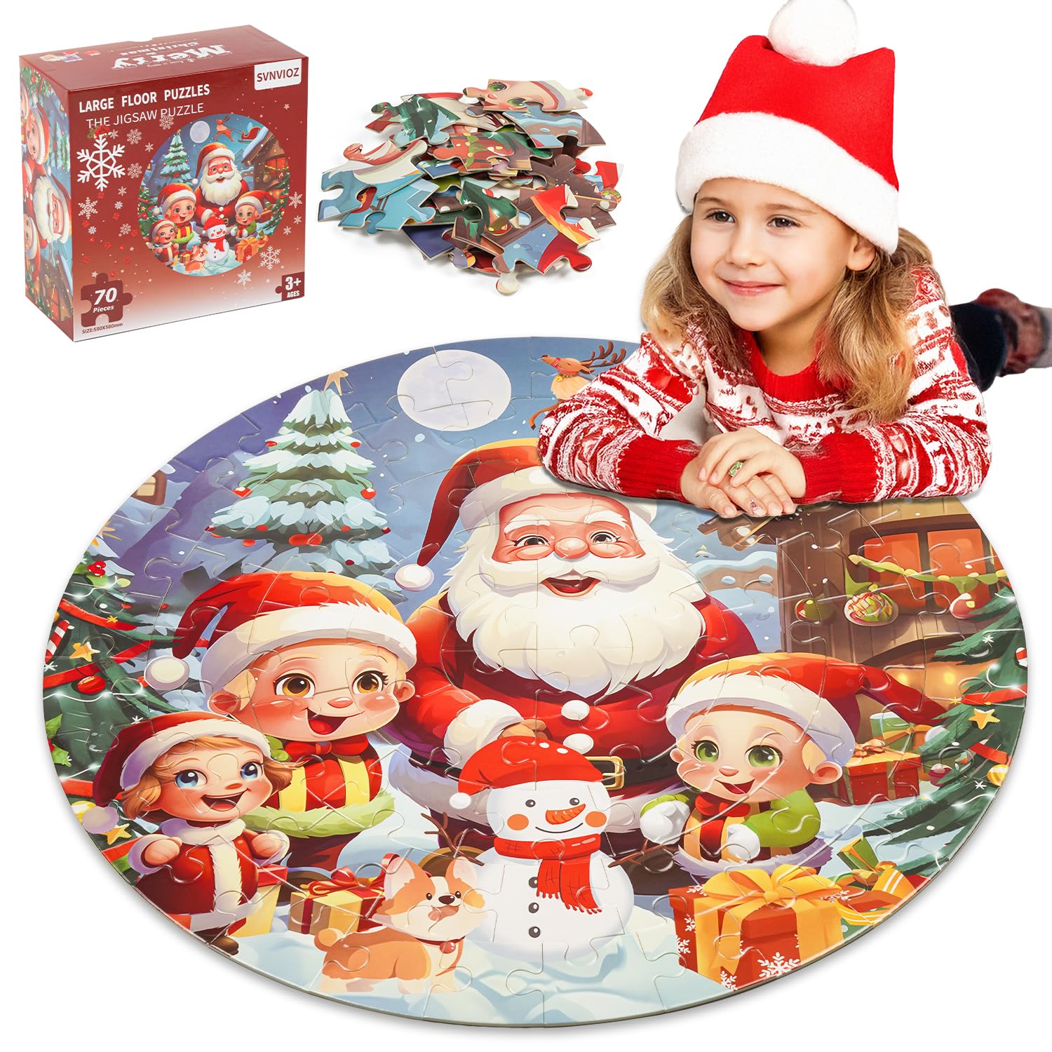 Christmas Jumbo Floor Puzzle for Kids - 70pc Santa Snowman Toy for Toddlers 3-8 Years | Holiday Learning Activity
