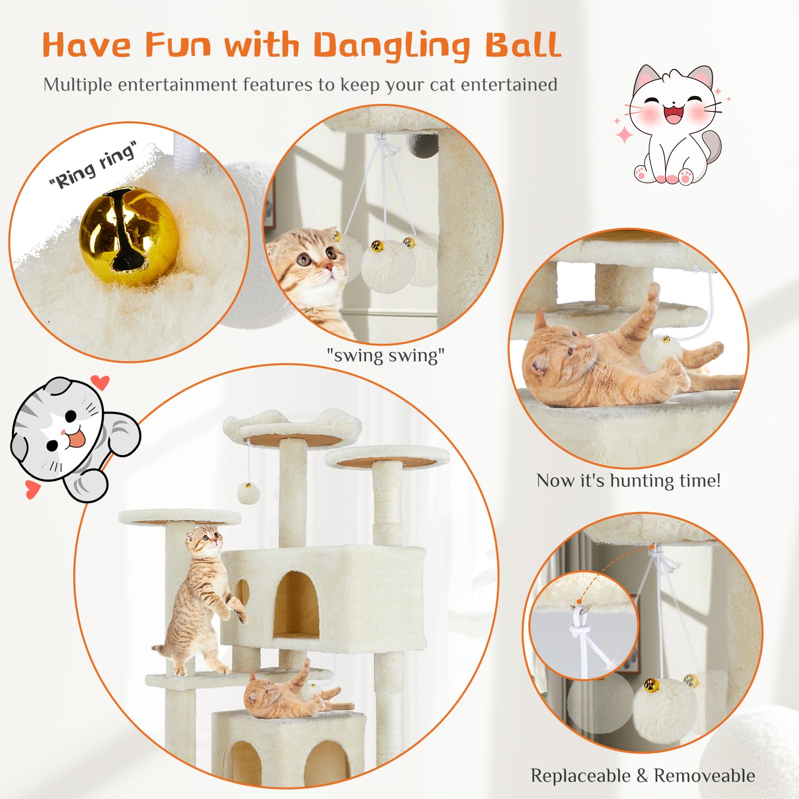 FluffyDream 54-Inch Multi-Level Cat Tree Tower for Indoor Cats - Large Cat Condo with Sisal Scratching Posts, Playhouse & Perches for Kittens & Adult Cats (Beige) | Perfect for Small Spaces, Apartments & Multi-Cat Households