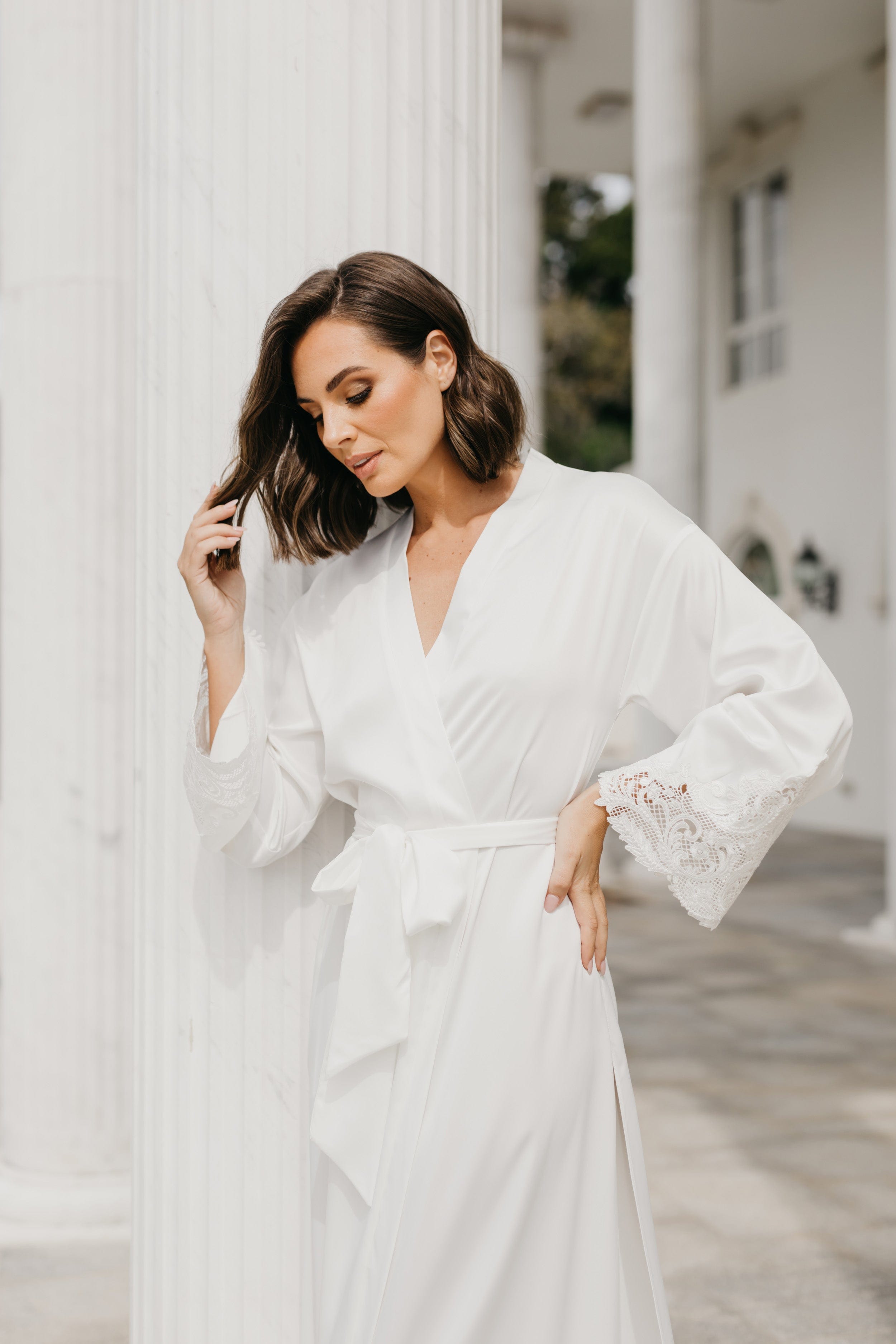 Elegant Satin Lace Trim Maxi Bridal Robe for Wedding Morning - Perfect for Bridal Shower, Getting Ready & Honeymoon (White)