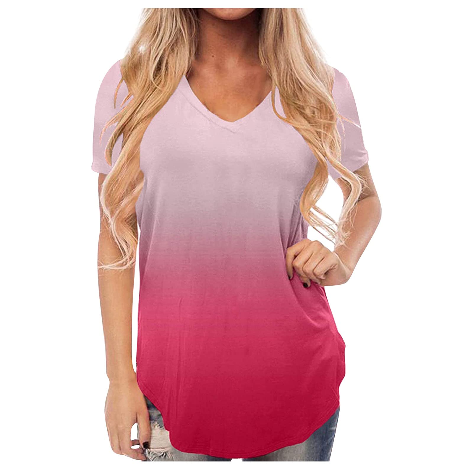 LIJCC Women's Short Sleeve Gradient Color T-Shirt - Spring Scoop Neck Polyester Top for Exercise & Casual Wear | Gym, Running, Yoga & Everyday Outfits