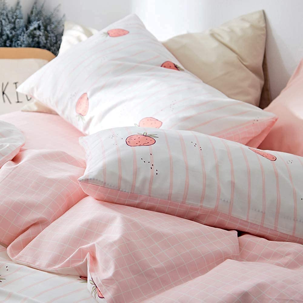 Strawberry Print Pillowcase Set - 2 Pack 20x26 Inch Kawaii Cute Cotton Pillow Covers for Kids, Teens, Boys & Girls - Envelope Closure Decorative Bedding Accessories for Bedroom, Dorm, Nursery & Home Decor
