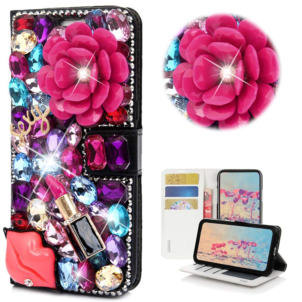 STENES Bling Wallet Case for LG Aristo 2/3 - 3D Crystal Rose & Lipstick Magnetic Leather Cover (Red) - Stylish Phone Wallet for Women, Parties & Night Out Accessories