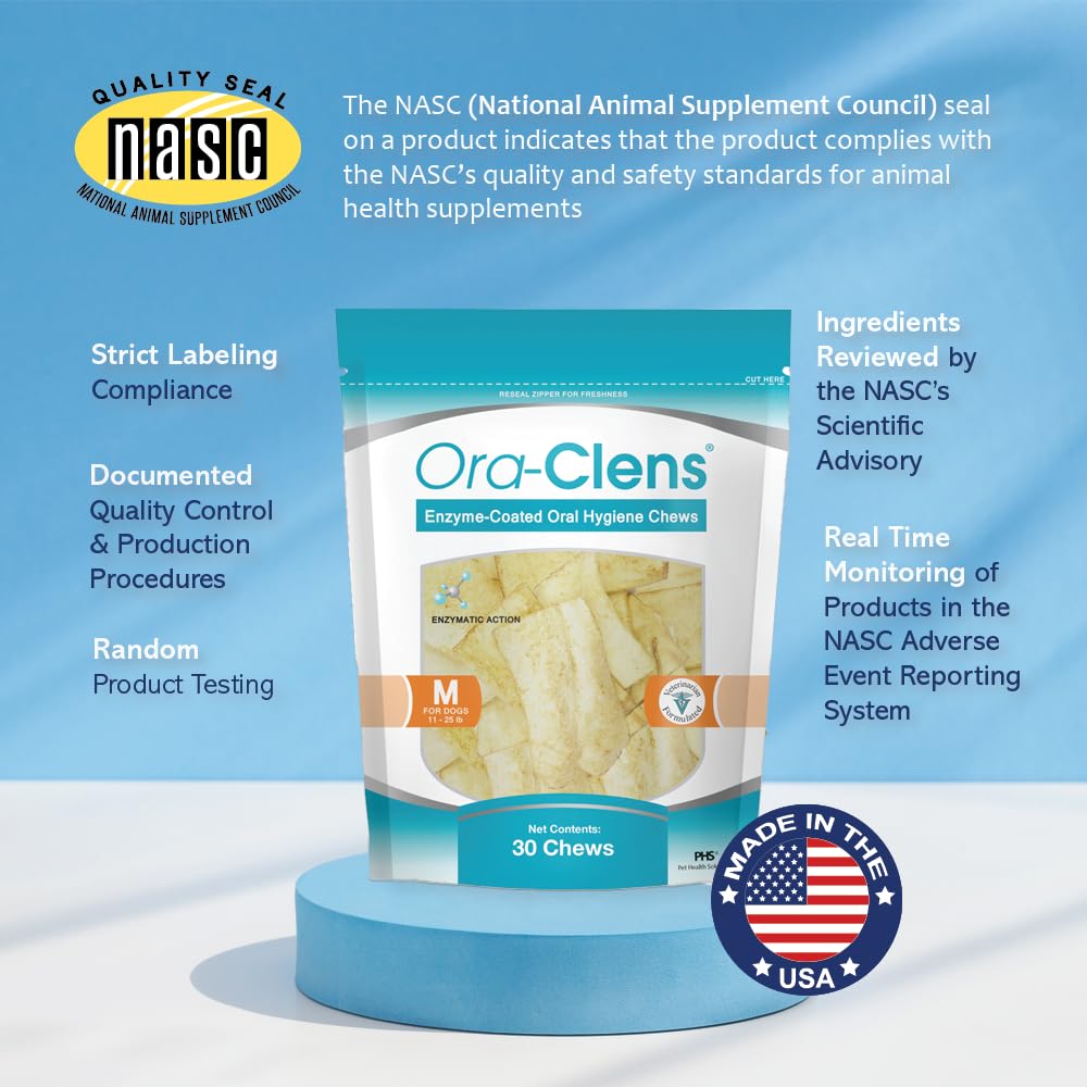 Enzymatic Dental Chews for Medium Dogs - Daily Oral Care Treats to Clean Teeth, Freshen Breath & Reduce Plaque, Tartar & Bacteria - No Brushing Needed (30 Count) - Perfect for At-Home Dog Dental Care Between Vet Visits