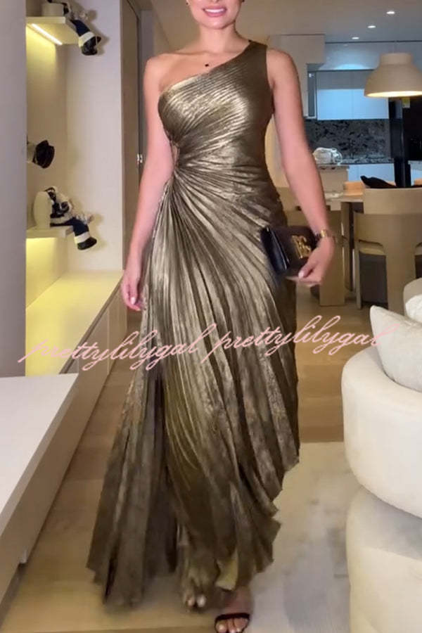Midnight Kiss Metallic Fabric One Shoulder Cutout Pleated Maxi Dress for Evening Gala, Prom Night & Special Occasions