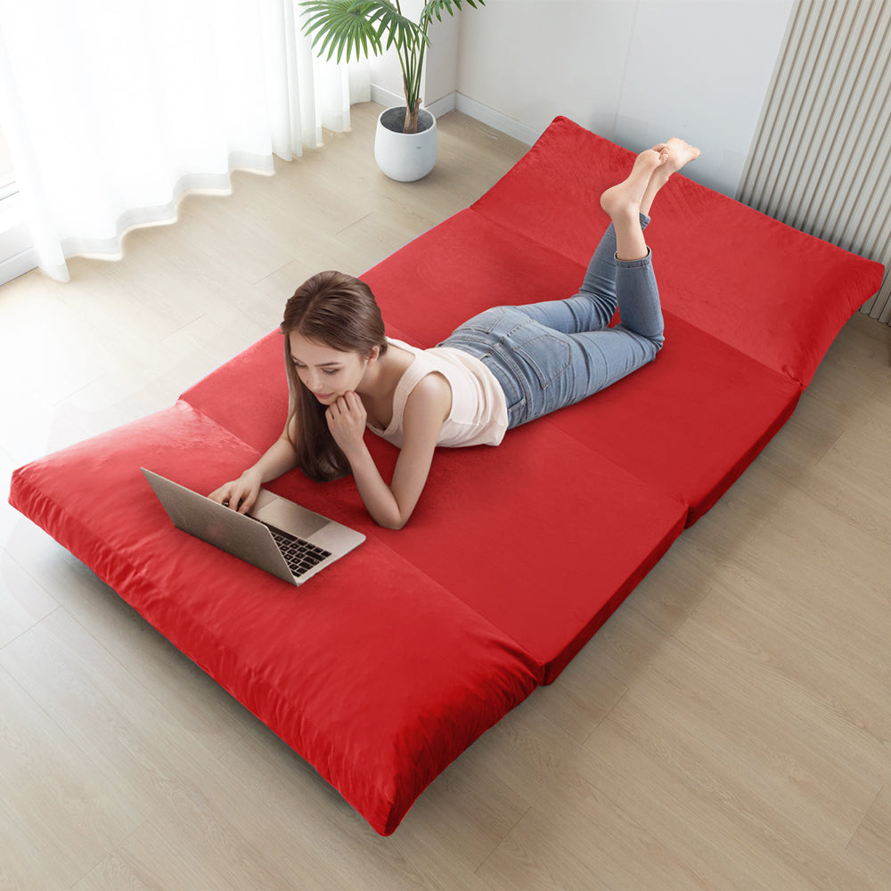 MAXYOYO Velvet Bean Bag Folding Sofa Bed - Washable Cover for Adults, Red | Comfortable Floor Seating for Living Room, Bedroom & Game Room