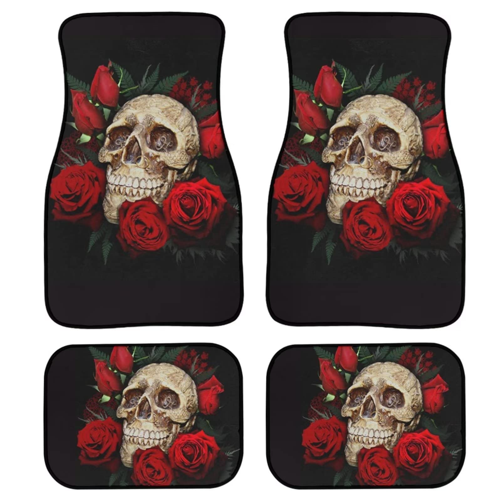 Binienty Gothic Skull with Rose 4-Piece Universal Car Floor Mats - Non-Slip Front & Rear Set Fits Most Vehicles | Perfect for Sedans, SUVs & Trucks