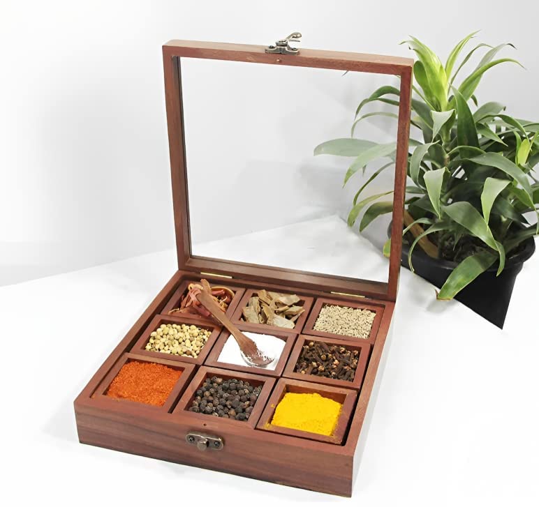 IBLAY Handmade Wooden Spice Box - 9 Compartment Brown Designer Spice Organizer for Kitchen & Dining (8x8x2 Inches) - Perfect for Storing Herbs, Spices, and Seasonings in Pantry or Countertop