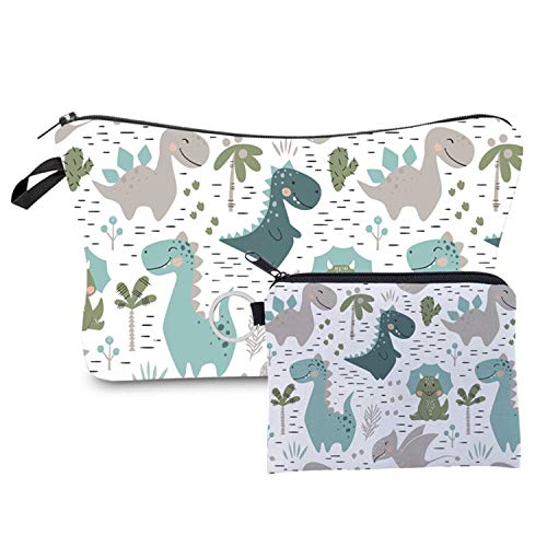YUESI 2-Piece Waterproof Makeup Bag Set for Women - Travel Cosmetic Organizer with Coin Purse & Brush Holder (Dinosaur Print) - Perfect for Travel, Gym, and Daily Beauty Essentials Storage