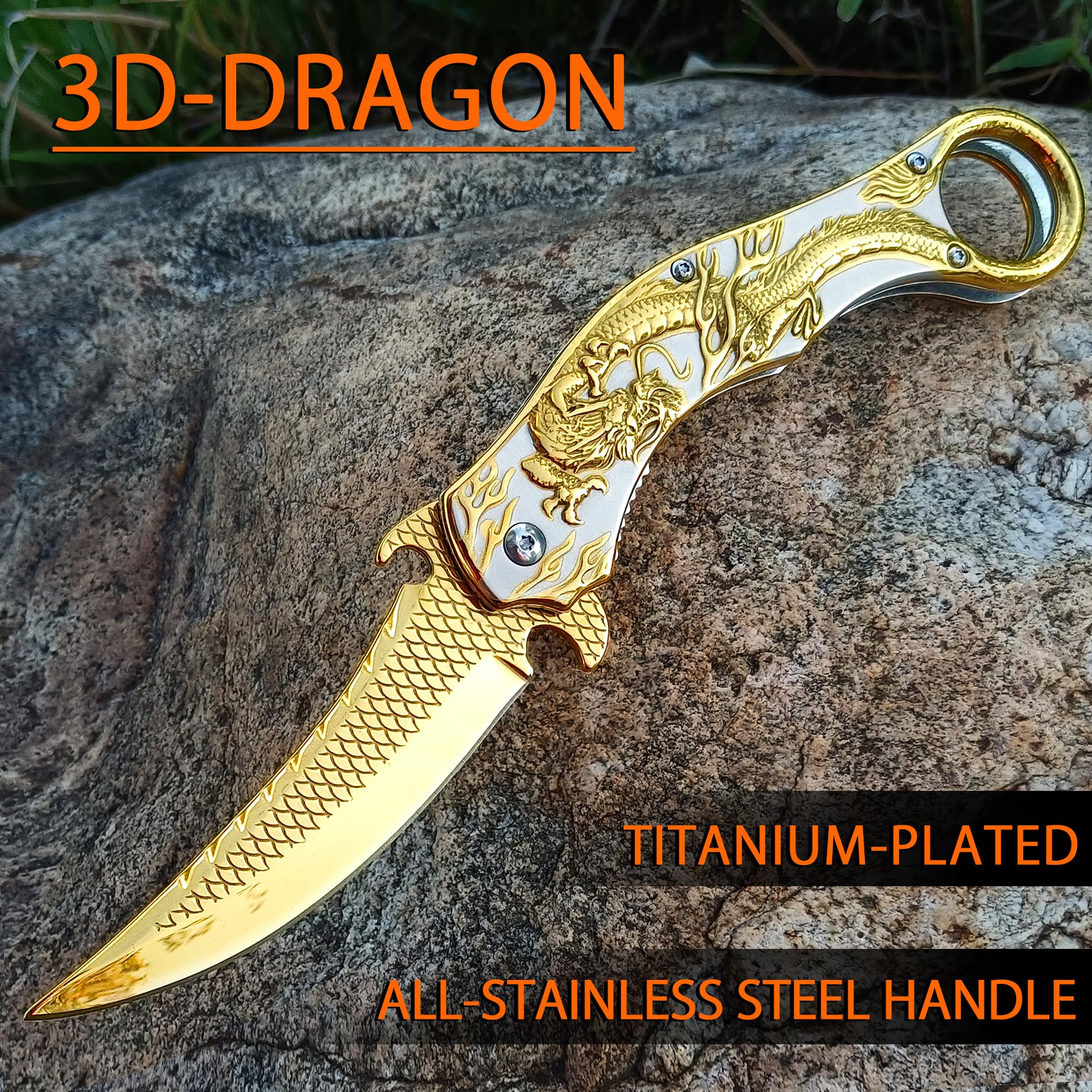 Premium 9Cr18Mo Blade Folding Pocket Knife with Sheath - 3D Dragon Design EDC Knife for Men | Perfect Outdoor Survival, Camping, Hiking & Everyday Carry Tool (Gold)