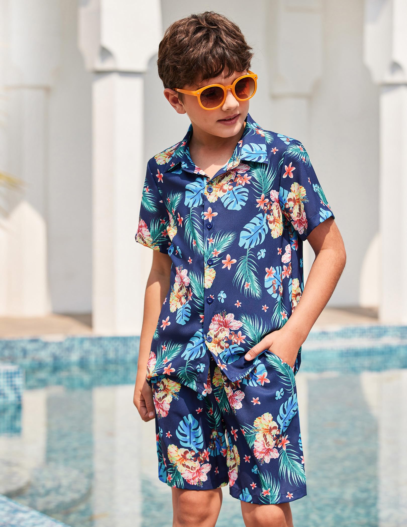Arshiner Boys 2-Piece Hawaiian Outfit Set - Button Down Shirt & Shorts for Summer Beach Vacation | Tropical Casual Wear for Kids Ages 4-12 | Perfect for Pool Parties, Family Trips & Outdoor Adventures