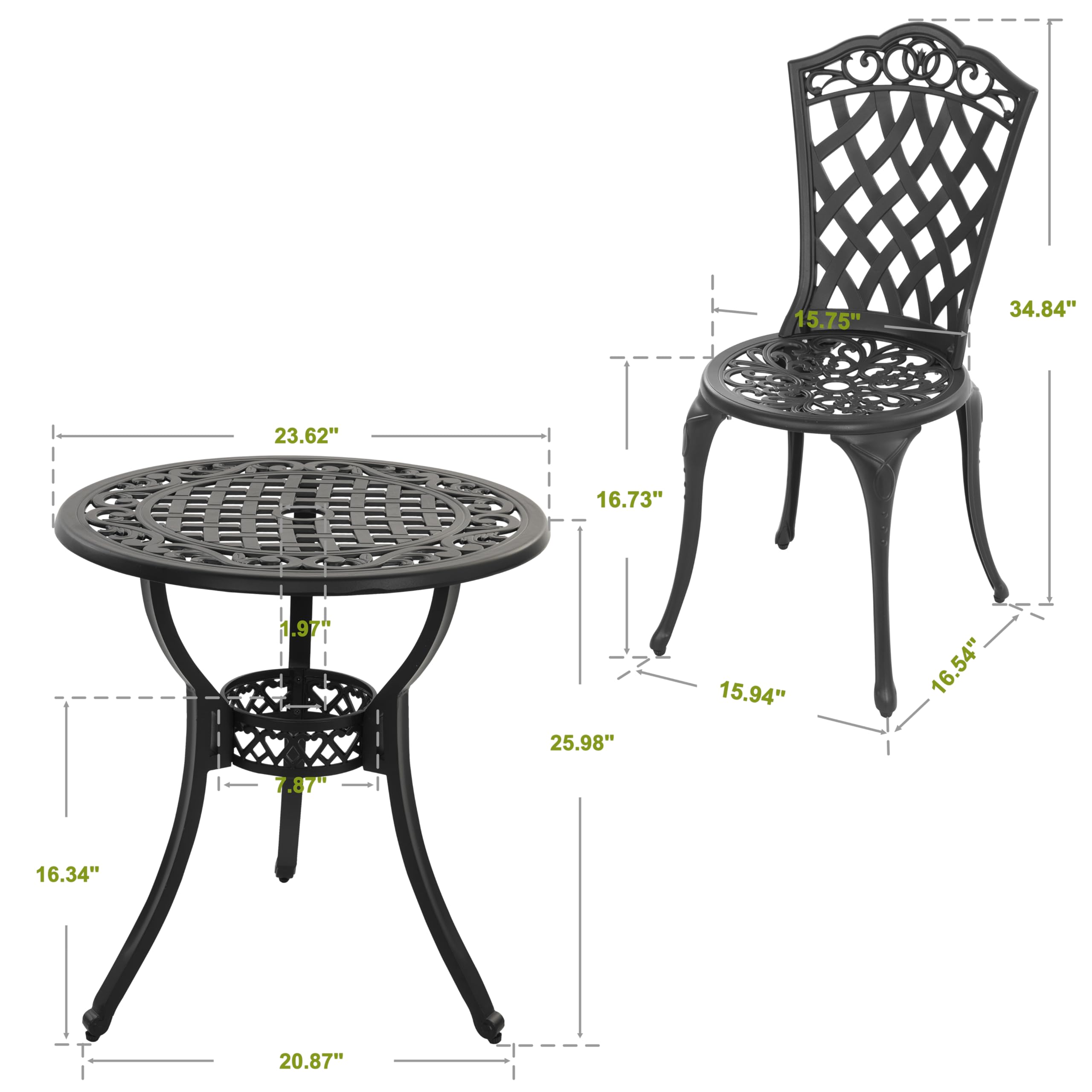 NUU GARDEN 3-Piece All-Weather Cast Aluminum Outdoor Bistro Set - Patio Table & 2 Chairs with Umbrella Hole - Perfect for Yard, Garden, Balcony, Deck or Poolside Dining (Black)
