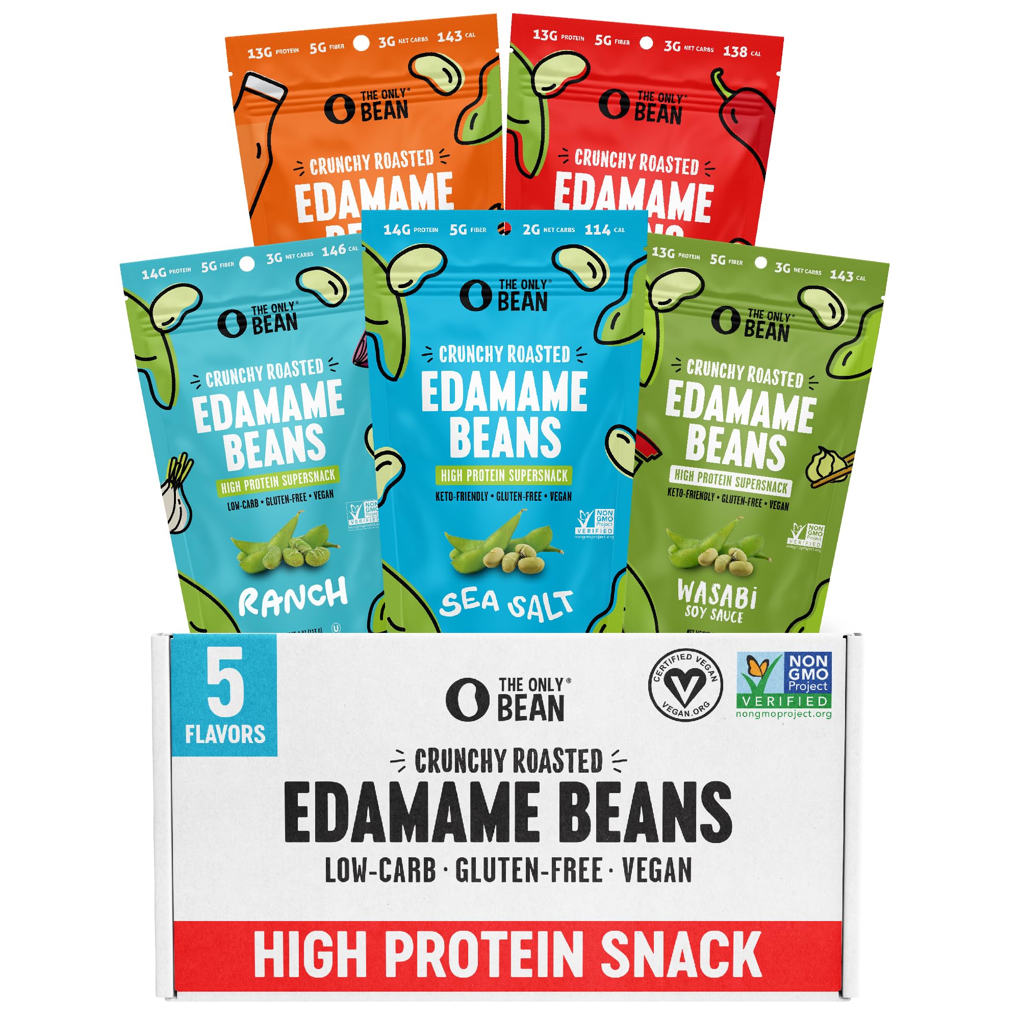 Crunchy Roasted Edamame Snacks - 5 Flavor Variety Pack | High Protein, Low Carb, Keto & Vegan Friendly | Gluten-Free Healthy Snacks for Adults & Kids | Perfect for On-the-Go, Office & School Lunches (4oz x 5 Bags)