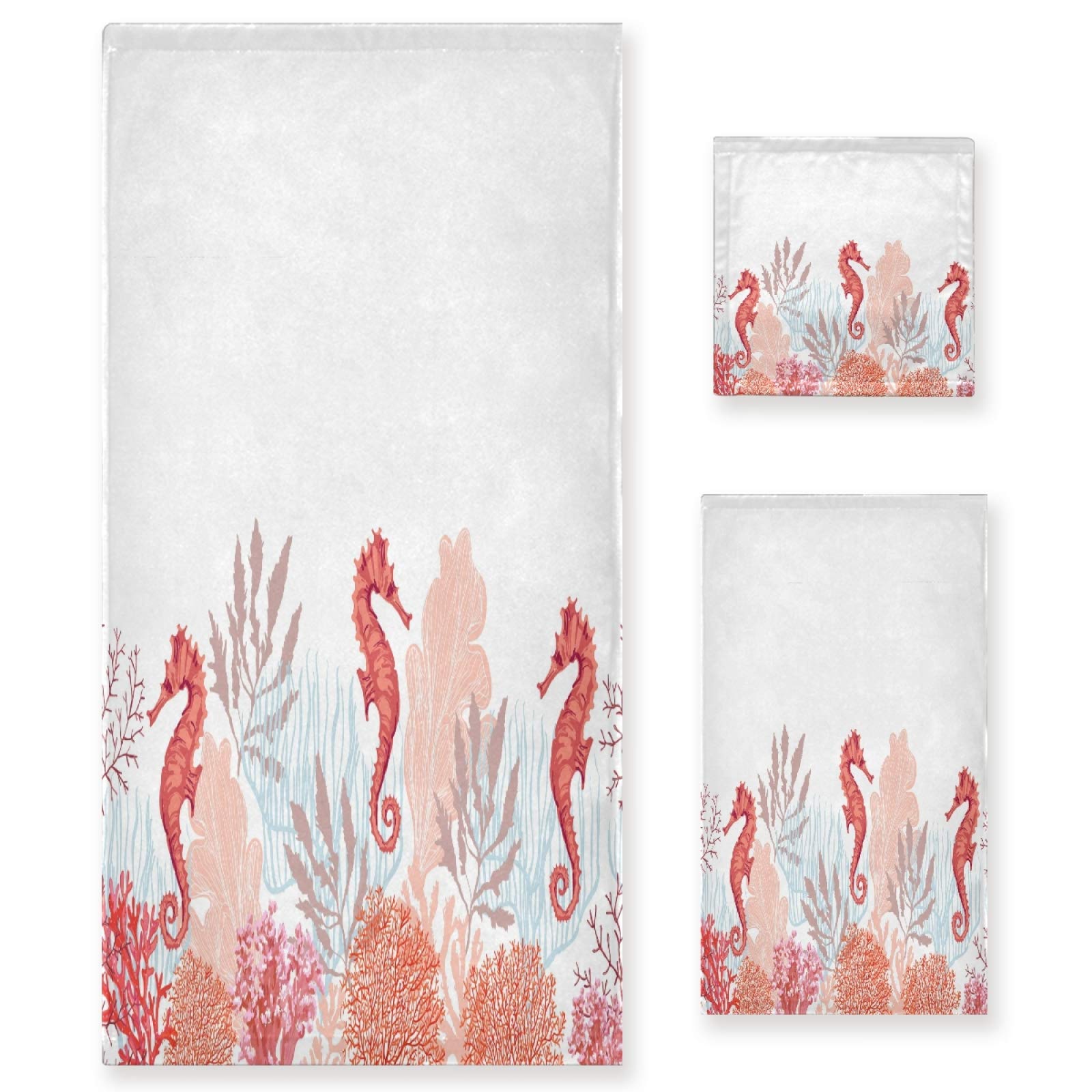 Premium 3-Piece Bath Towel Set - Ultra Soft, Highly Absorbent Coral & Seahorse Printed Towels (1 Bath, 1 Hand, 1 Washcloth) for Spa, Beach & Luxury Bathroom Decor