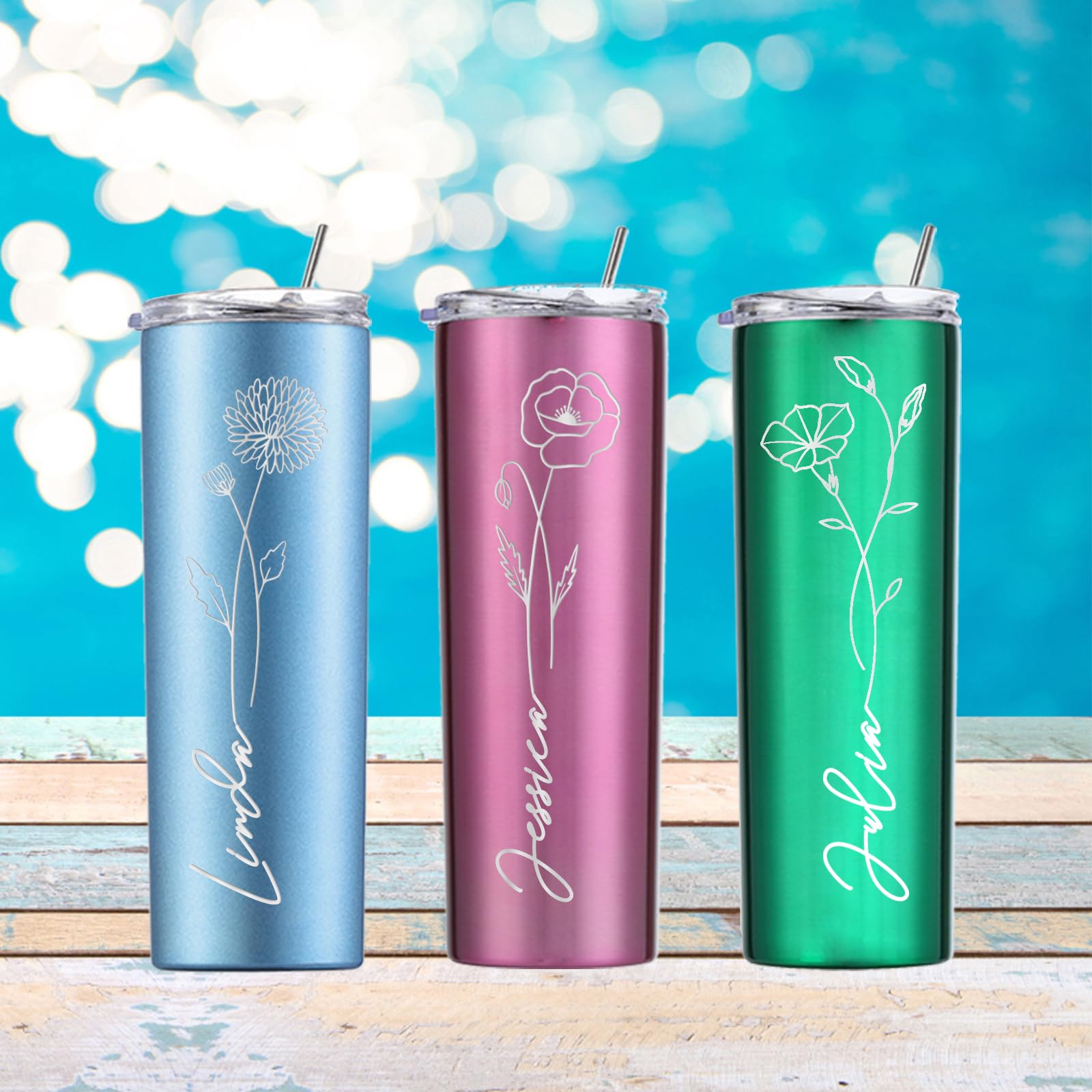 **Personalized Tumbler Cups for Women - Custom Engraved Name & Birth Flower - 20oz Insulated Skinny Tumbler with Lid & Straw - Unique Birthday, Bridesmaid, Valentine's Day Gifts - Perfect for Coffee, Tea & On-the-Go Hydration**