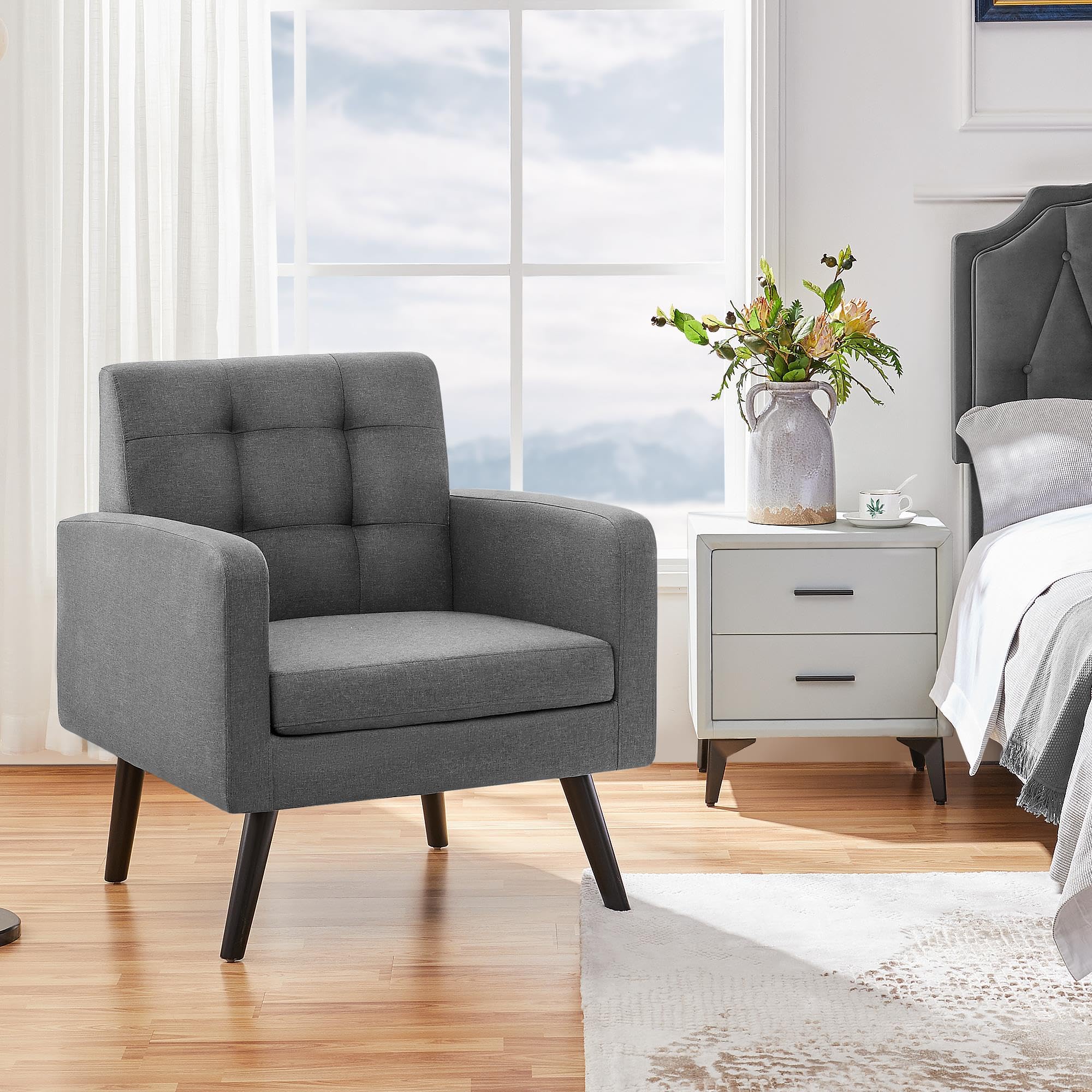 Yaheetech Mid-Century Modern Accent Chairs Set of 2 - Gray Upholstered Living Room Armchairs with Button Tufted Back & Wooden Legs - Cozy Lounge Chairs for Bedroom, Office, Cafe & Reading Nook