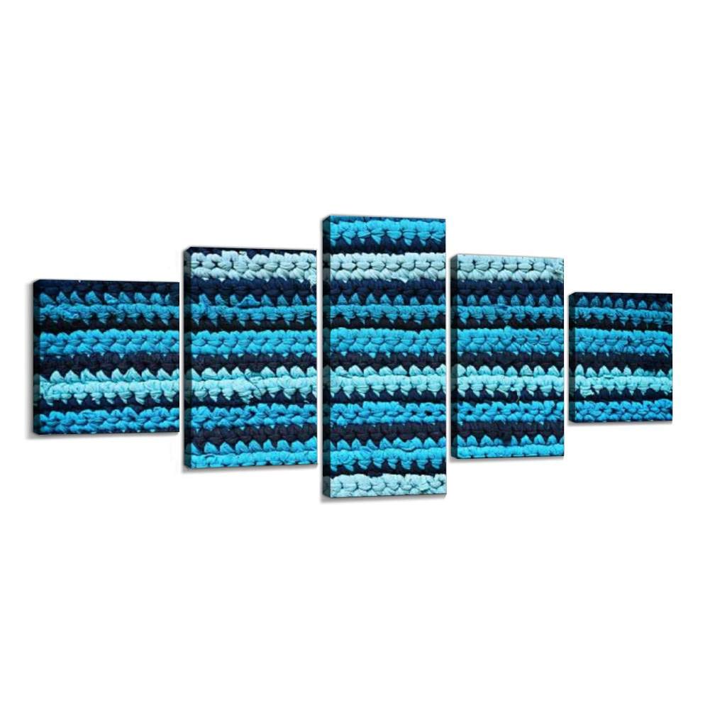 5 Panel Modern Abstract Wall Art Print on Canvas - Navy Blue Cyan Striped Rug Texture - Handmade Upcycled Cotton T-Shirt Design - Stretched and Framed Ready to Hang (60''W x 32''H) - Perfect for Living Room, Bedroom, Office & Home Decor