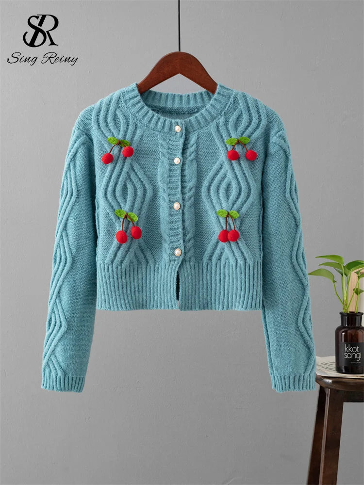 3D Cherry Print O-Neck Long Sleeve Pearl Button Knit Sweater for Women - Cozy Winter Pullover for Casual Wear & Office Outfits