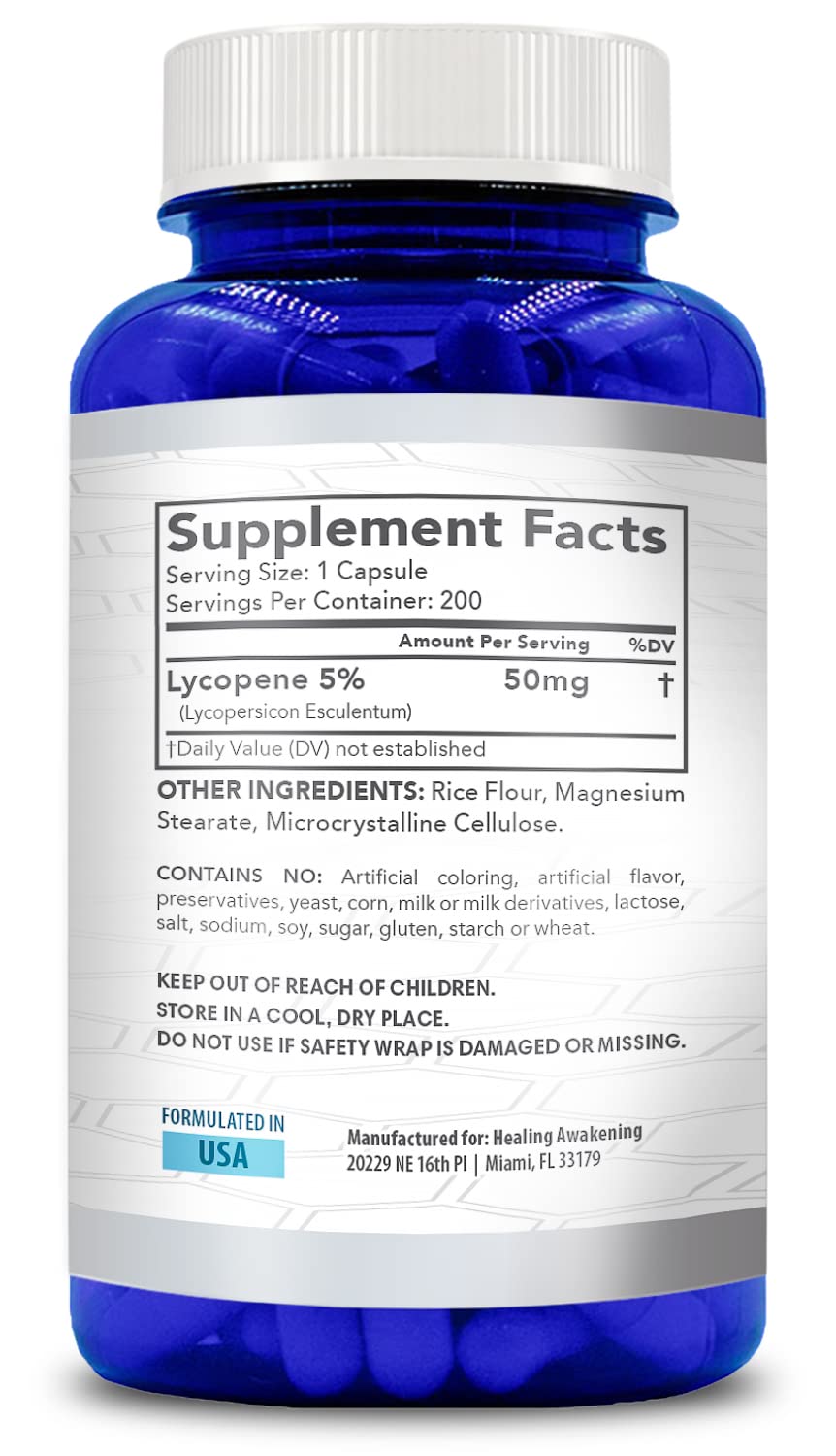 Healing Awakening Lycopene 50mg - 200 Vegetarian Capsules | Non-GMO, Gluten Free Supplement for Heart & Skin Health | Supports Antioxidant Protection & Cellular Health - Perfect for Daily Wellness Routine & Anti-Aging Care