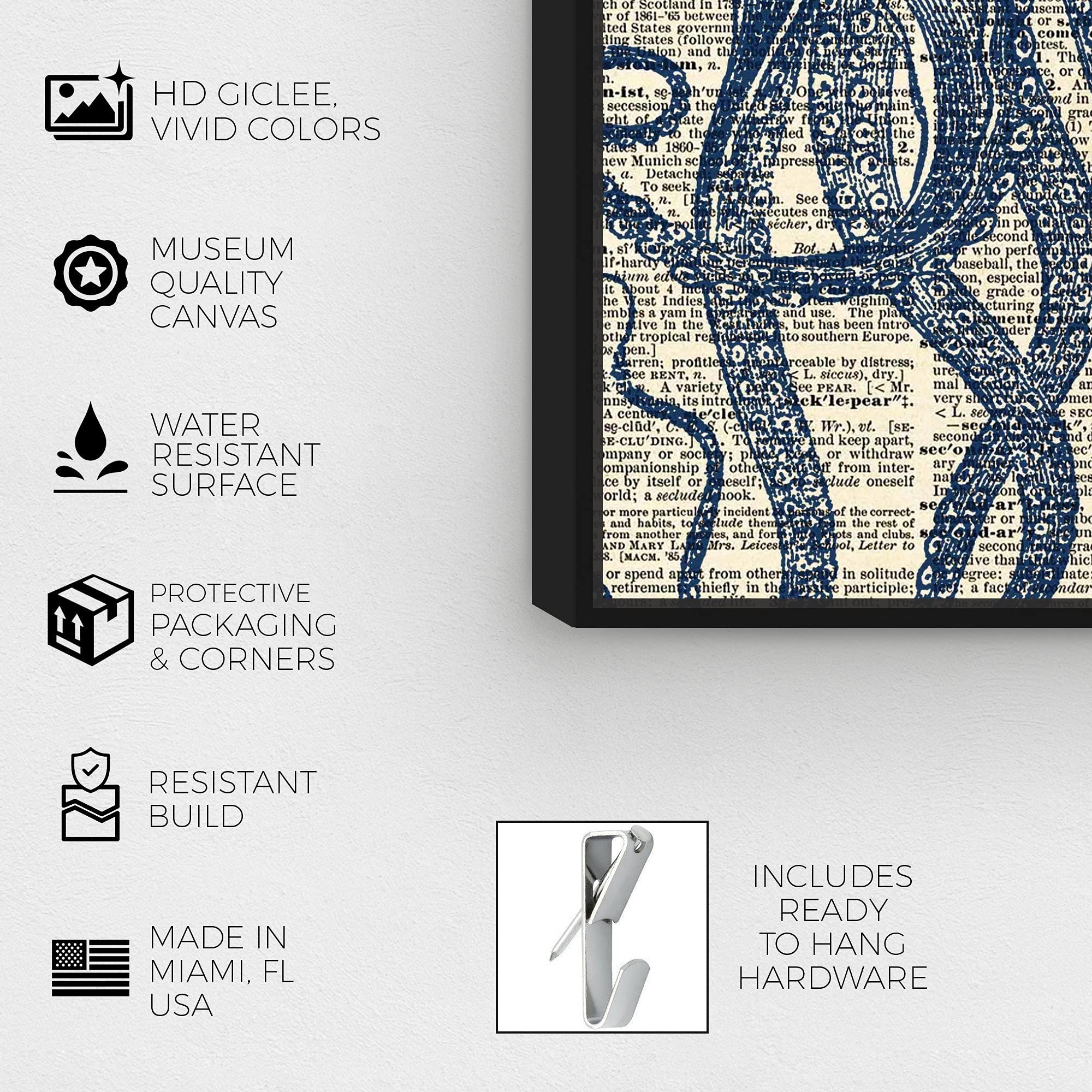 Oliver Gal Artist Co. Nautical Wall Art - 16x20 Inch Octopus Dictionary Canvas Print with Black Floating Frame | Coastal Home Decor for Living Room, Bedroom & Office