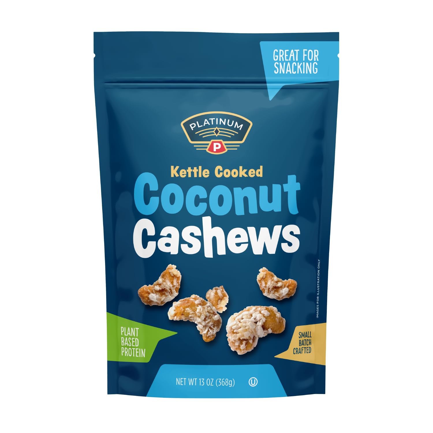 Premium Kettle Cooked Coconut Cashews - Vegan Protein Snack, High Fiber, Gluten-Free, Healthy Nuts for Energy - Resealable 13oz Pouch - Perfect for Home, Office, Gym & School Snacking