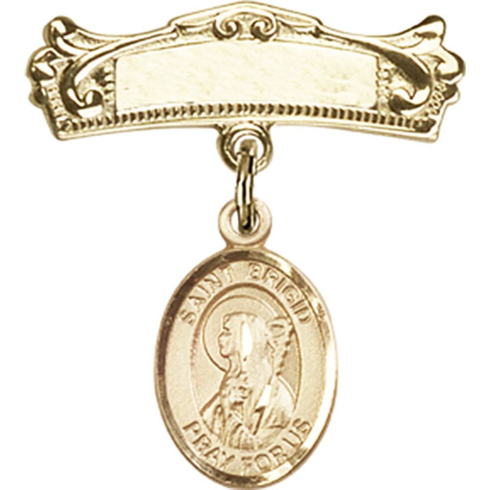 Gold Filled Baby Badge with St. Brigid of Ireland Charm - Arched Polished Pin (7/8