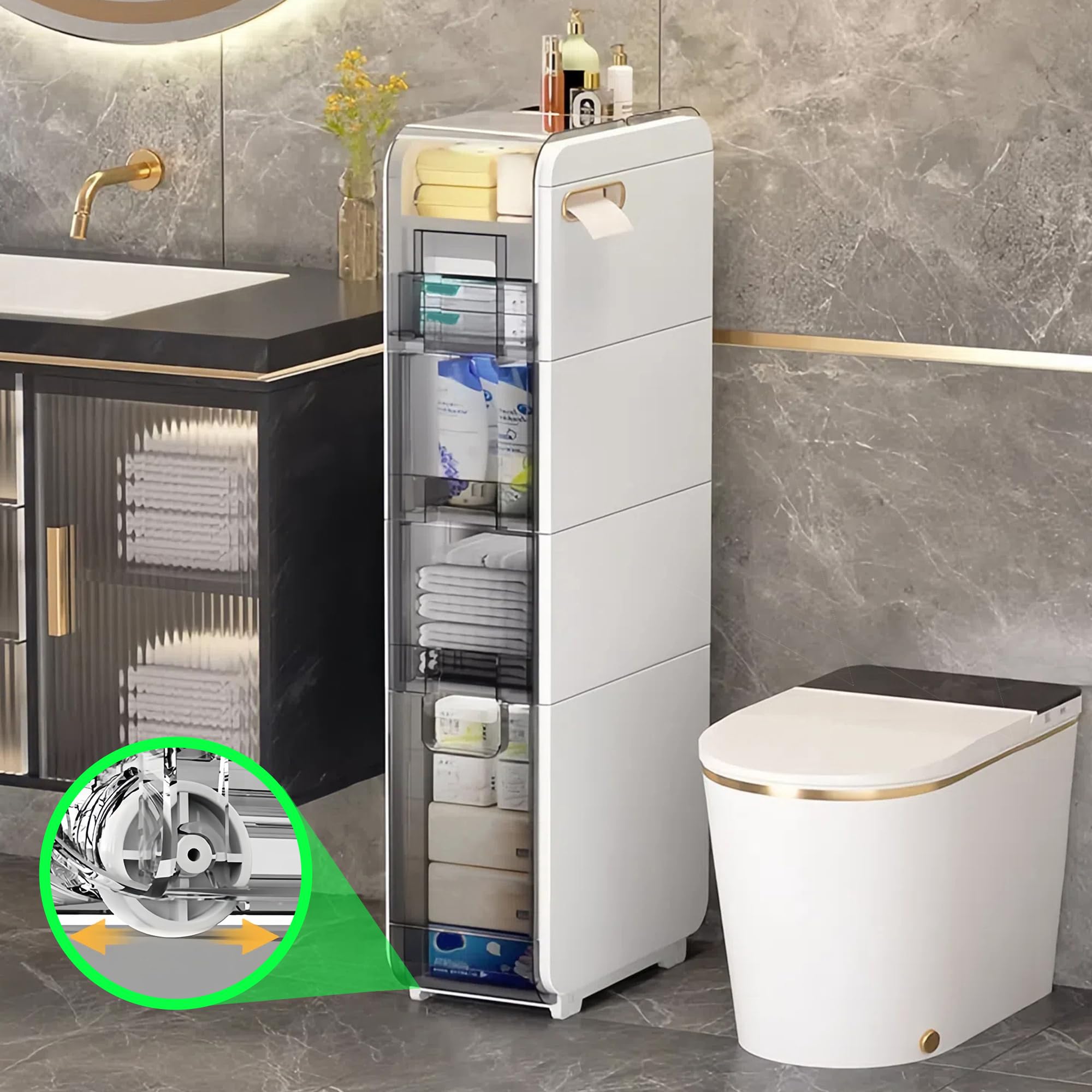 4-Tier Slim Bathroom Storage Cabinet with Drawers & Toilet Paper Holder - Space-Saving Narrow Organizer for Small Bathrooms, Kitchen, Laundry Room - Durable Plastic Floor Cabinet for Toiletries, Towels & Cleaning Supplies (Perfect for Apartments & Compact Spaces)