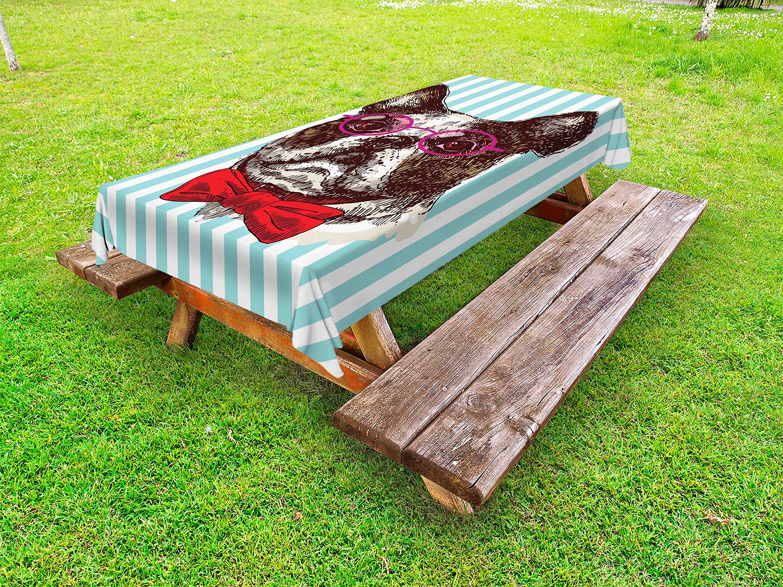 Ambesonne German Outdoor Tablecloth - Funny Hand Drawn Bulldog Sketch with Glasses on Striped Background | Washable Picnic Table Cover 58x84 Inches | Perfect for BBQs, Garden Parties & Outdoor Dining | Multicolor Pop Art Animal Design