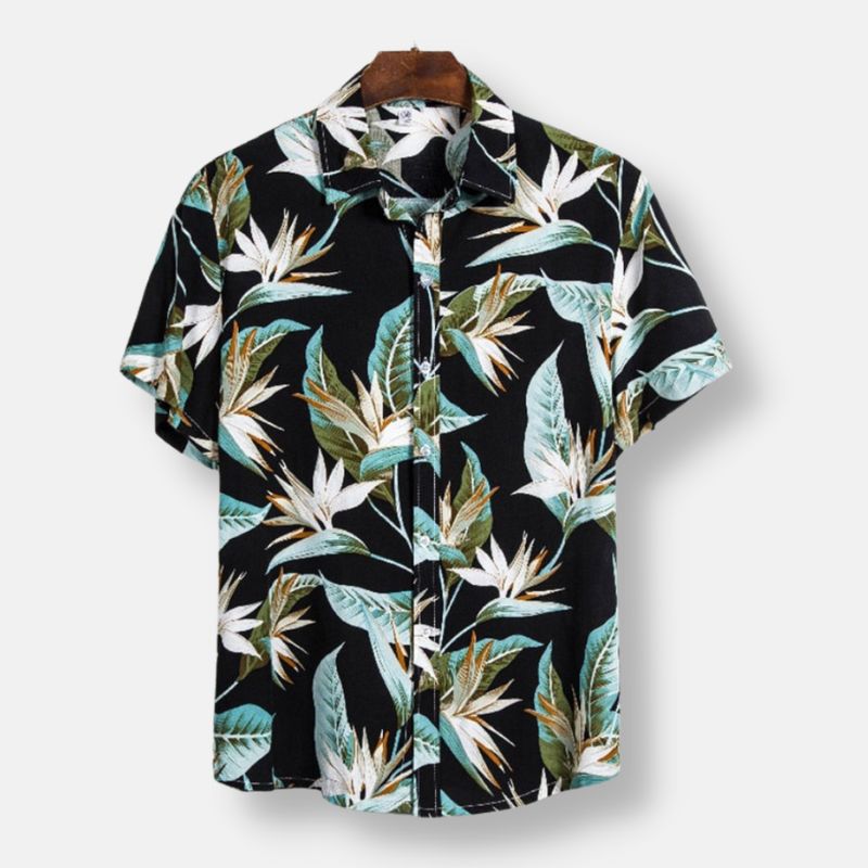 Hawaiian Floral Print Short Sleeve Shirt for Men - Tropical Black Aloha Shirt - Perfect for Beach Vacation, Summer Party & Casual Wear
