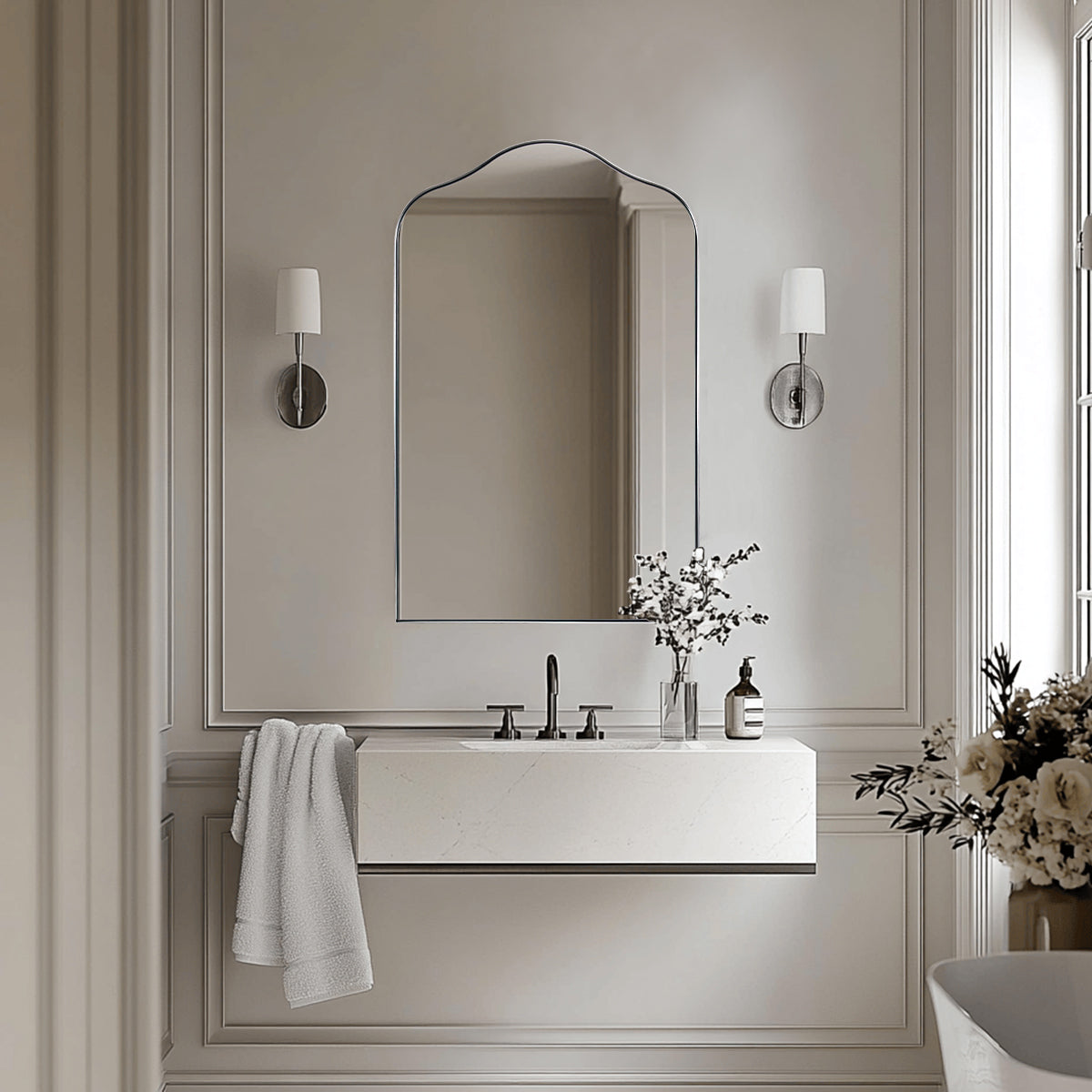 Contemporary Scalloped Arch Top Bathroom Mirror with Stainless Steel Frame - Elegant Vanity Mirror for Modern Bathrooms, Powder Rooms & Home Decor