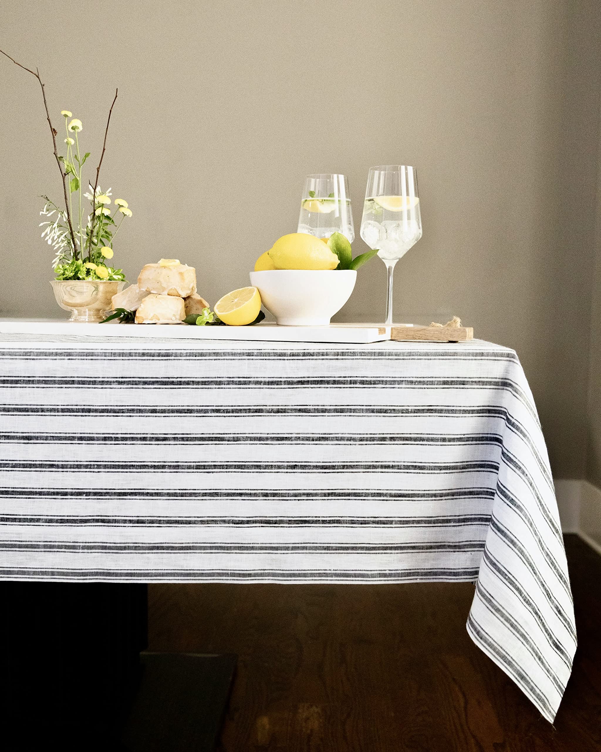 Premium 100% Pure European Flax Linen Tablecloth 60x120 Inches - Black & White Capri Ticking Stripe Dining Table Cover for Thanksgiving, Halloween, Christmas - Washable & Wrinkle-Resistant by Solino Home - Perfect for Holiday Dinners, Buffet Tables & Formal Dining Decor