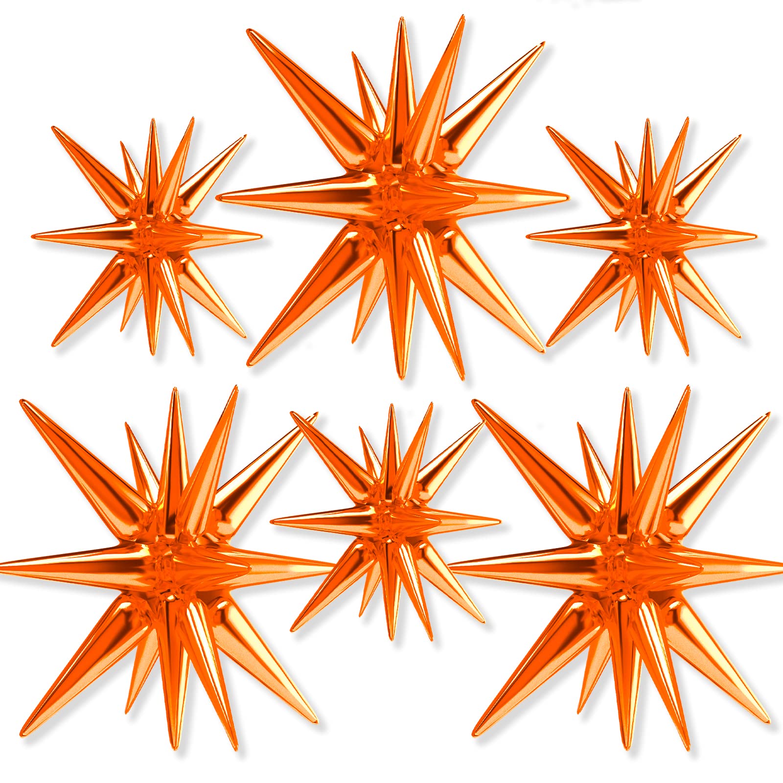 PartyWoo Orange Star Balloons 6 Pack - 14-Pointed Starburst Foil Balloons (22 & 27 Inch) with Ribbon - Large Mylar Star Balloons for Birthday Parties, Baby Showers, Graduation Decorations & Special Events