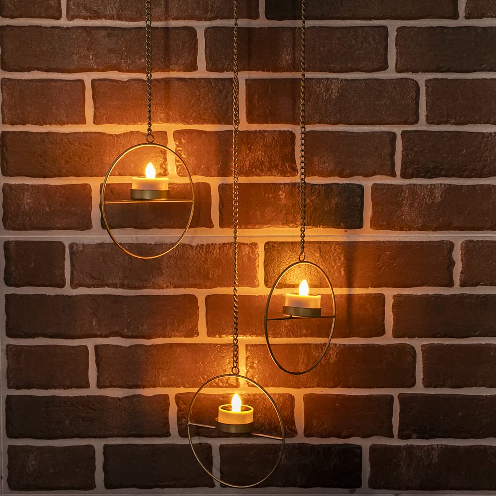Solar Powered Outdoor Hanging Lanterns - Waterproof Golden Metal Candle Holders with LED Tea Lights - Perfect for Garden, Patio, Pergola, Gazebo & Backyard Decor (Set of 3) - Ideal for Romantic Evenings, Outdoor Parties & Cozy Ambiance