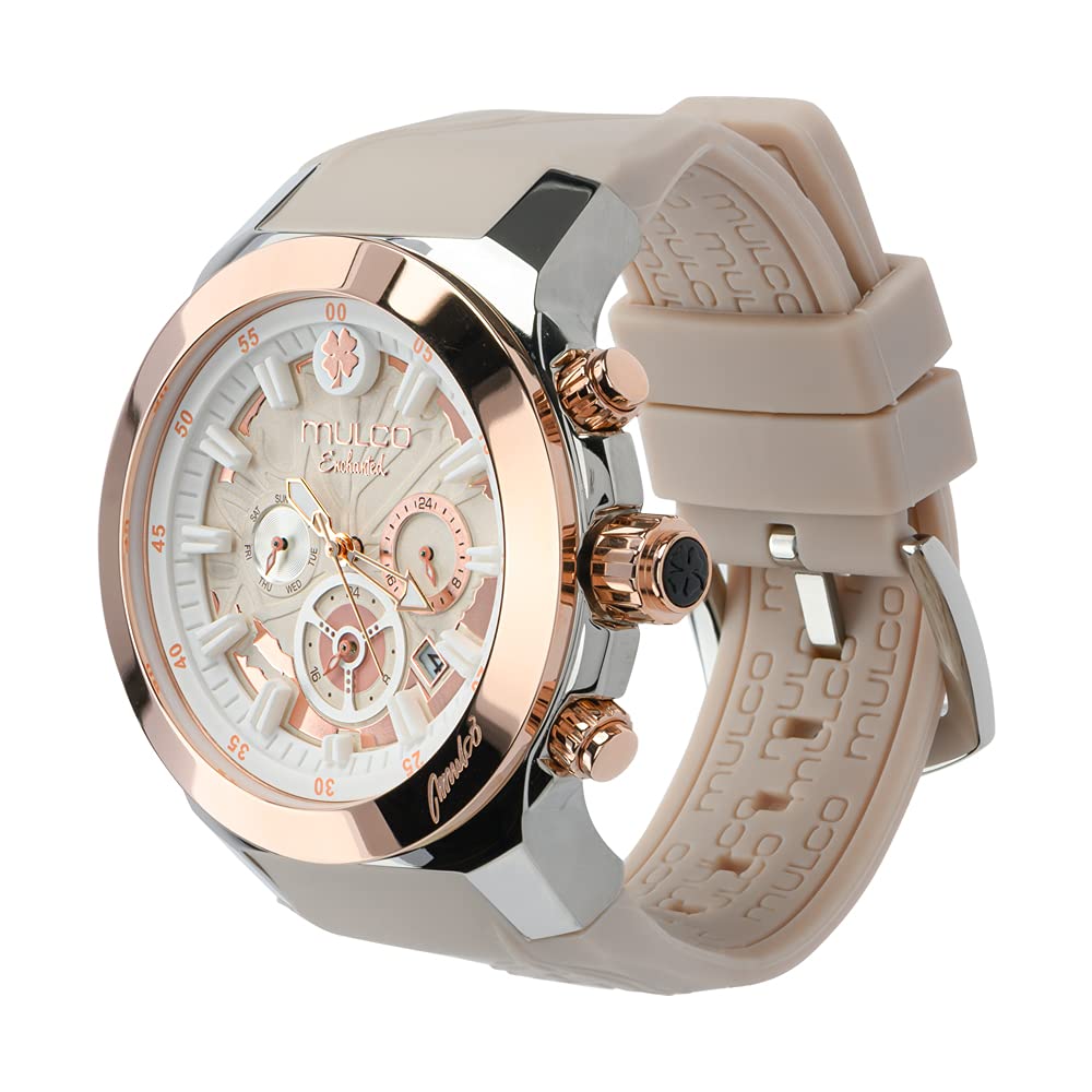 Mulco Women's Enchanted Maple Watch - Silver Stainless Steel Case with Silicone Band, Mother of Pearl & Rose Gold Dial, Quartz Movement, Water Resistant - Elegant Timepiece for Office, Date Night & Special Occasions