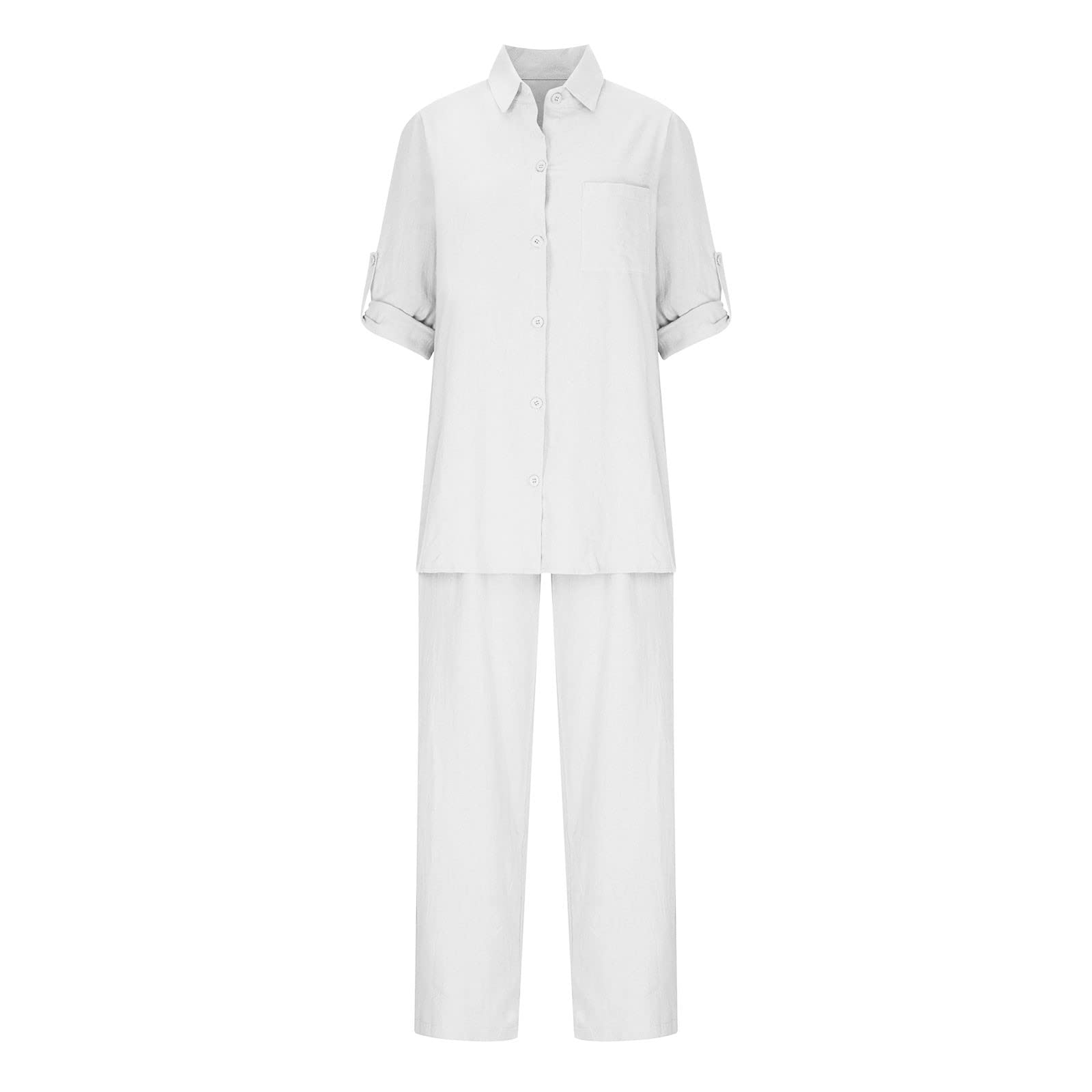 Women's Summer Cotton Linen 2-Piece Outfit - Long Sleeve T-Shirt Top & Pants Set for Casual & Business Wear | Office Work Suits, Vacation Outfits